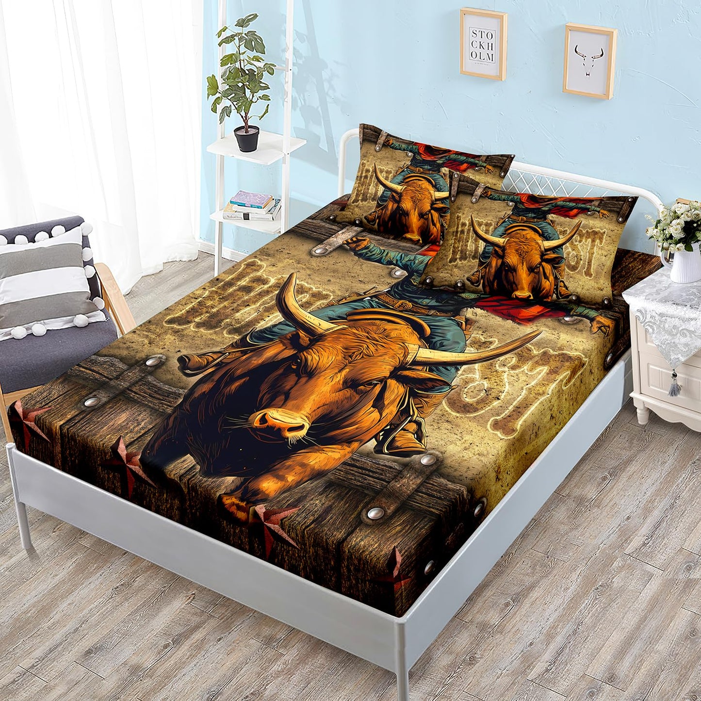 HOSIMA Cowboy Twin Fitted Sheet,Cowboy Riding Cattle Print Western Bedding for Adults Teens Boys Room Decor,Fence Stars Background Pattern Lightweight Bedding,1 Fitted Sheet+2 Pillowcases.