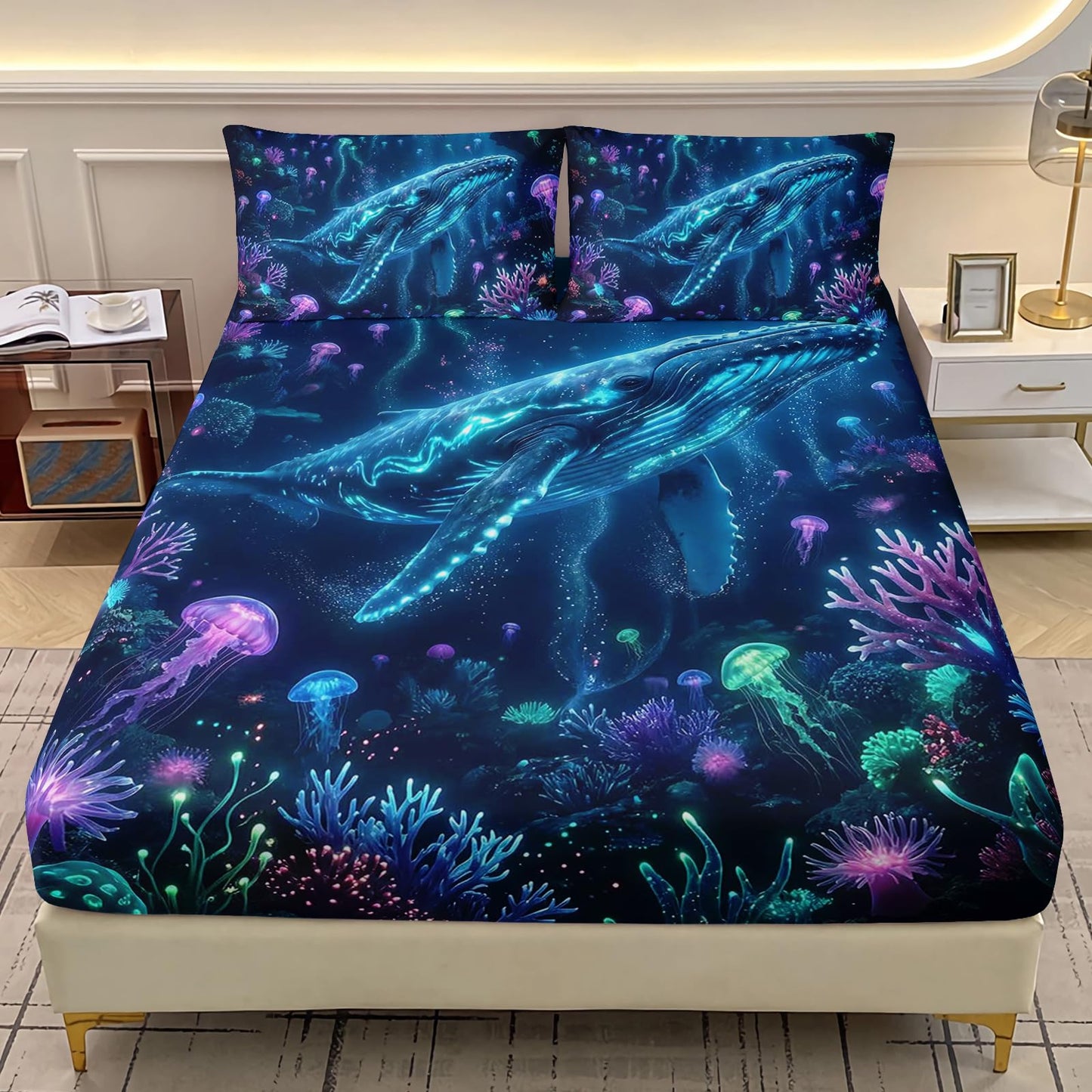 AILONEN Blue Whale Twin Fitted Sheet Set 3 Piece, Jellyfish Reef Pattern with 2 Pillowcases, 16 Inch Deep Pocket, Kids Room
