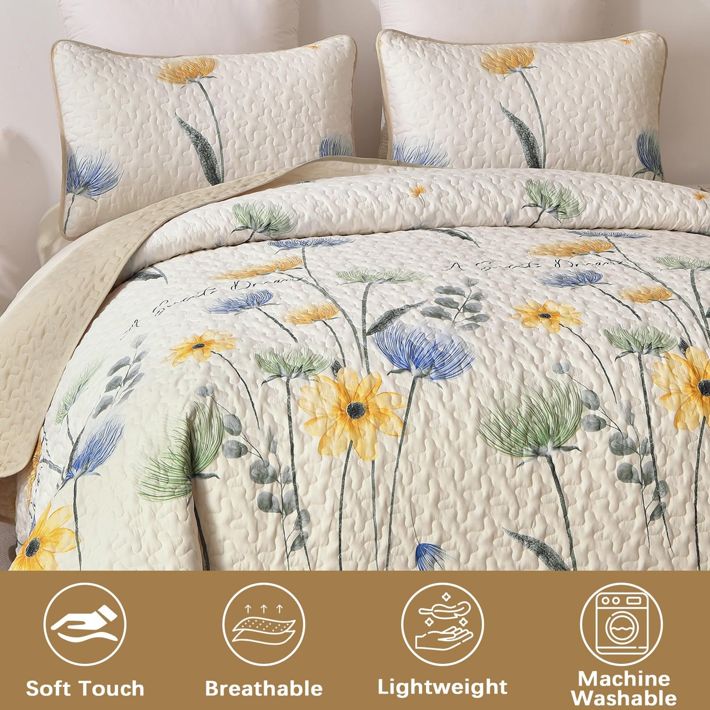 DinjoyBeige Quilt Set Queen,3 Pieces Colorful Floral Printed Bedspread Set,Soft Microfiber Reversible Bedding Coverlet for All Seasons