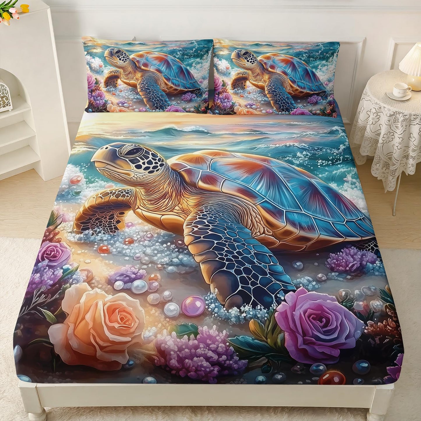 HOSIMA Sea Turtle Twin Fitted Sheet for Boys Room Decor,Blue Sea Turtle Srrounded by Flowers Pearl Print Coastal Bedding,Ocean Themed Bedding for Teens Girls,1 Fitted Sheet+2 Pillowcases.