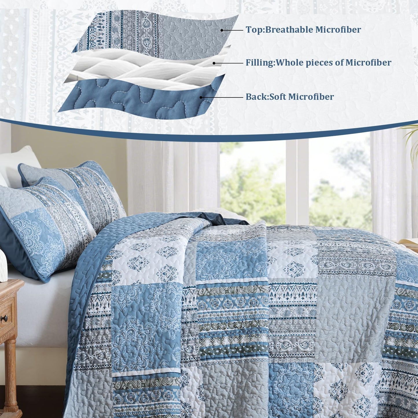 Dintszyayue Boho Quilt Set Queen Size Patchwork Bedspread Coverlets, Blue/Gray Bohemian Plaid Quilt Bedding Set Soft Microfiber Summer Bedding Bedspread Set, 96''x90''
