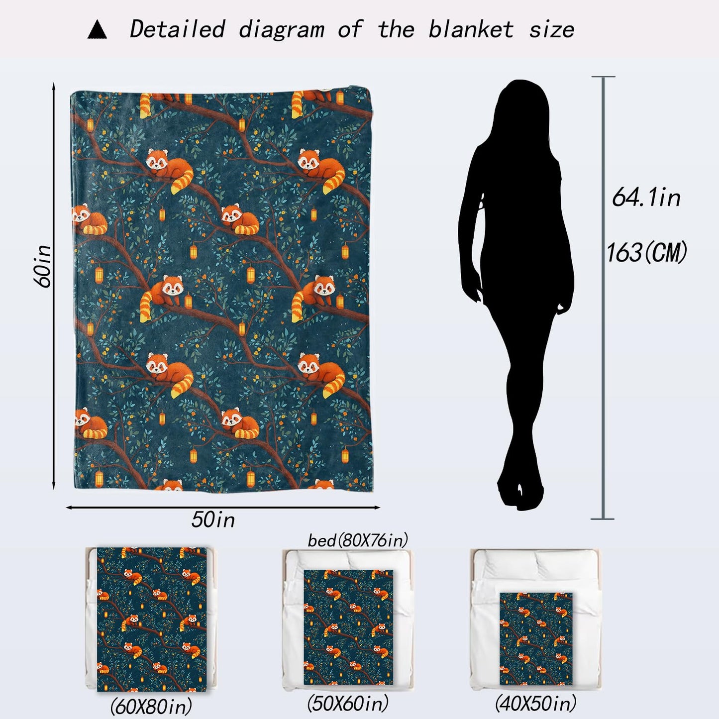 ainori Red Panda Blanket - Cute Nighttime Tree Scene Fleece Throw,Gifts for Kids Girls Boys, Soft & Warm,Lightweight, for Modern Rustic Whimsical Decor, Animal Lovers, and Room Home Accents 50x60in