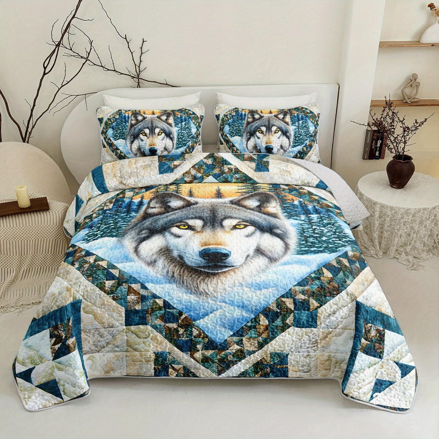 Tuzaovy Wolf Animal Quilt Bedding Set Queen Size for Kid Teen,Wolf Bedspread Sets Bedding Cozy Winter Bedroom Decor,Geometric Animal Print Bed Cover Queen for Boys Girls Bedroom Decor