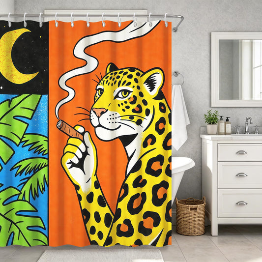 GICDSU Funny Leopard Shower Curtain with Hooks, Whimsical Abstract Tropical Shower Curtain for Bathroom,Waterproof Modern Fun Unique Shower Curtain with Smoking Cheetah Palm Moon Print, 72" x 72"