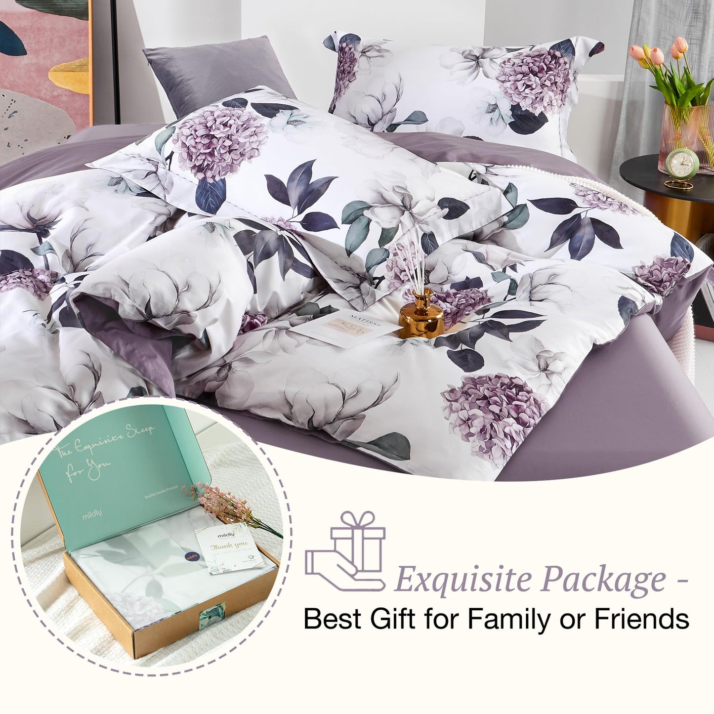 MILDLY 100% Long-Staple Cotton Duvet Cover Set Hydrangea Lotus Flower Pattern Printed Comforter Cover 3pcs, Ultra Soft & Breathable Bedding Set