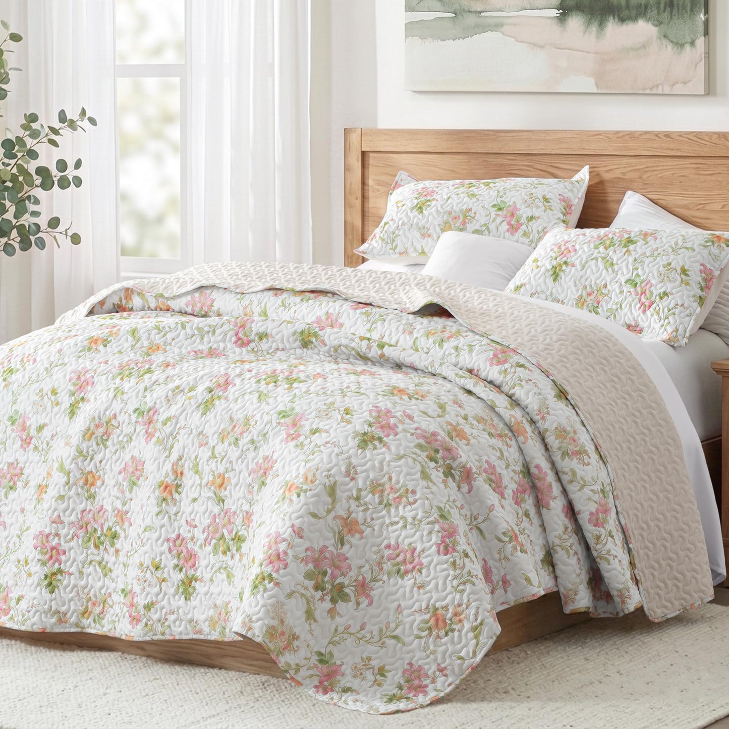 Exclusivo Mezcla Floral Quilt King Size, Faint Yellow King Size Quilt Bedding Set with Pink Lily Flowers Pattern, Reversible Lightweight Bedspreads Coverlets Bed Cover for All Seasons (104"x96")