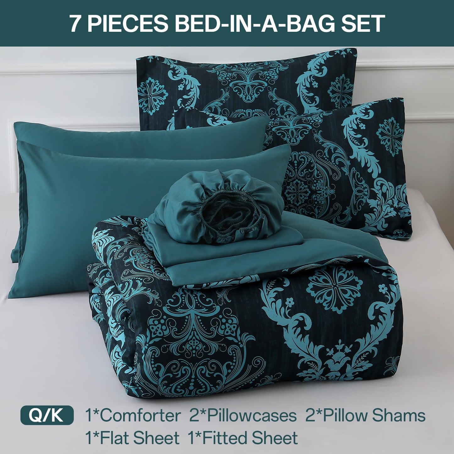 WONGS BEDDING 7 Piece Queen Comforter Set, Teal Texture Breathable Microfiber Comforter Bedding Set for All Season, Damask Bed in a Bag with Comforter, Flat Sheet, Fitted Sheet, Pillowcases & Shams