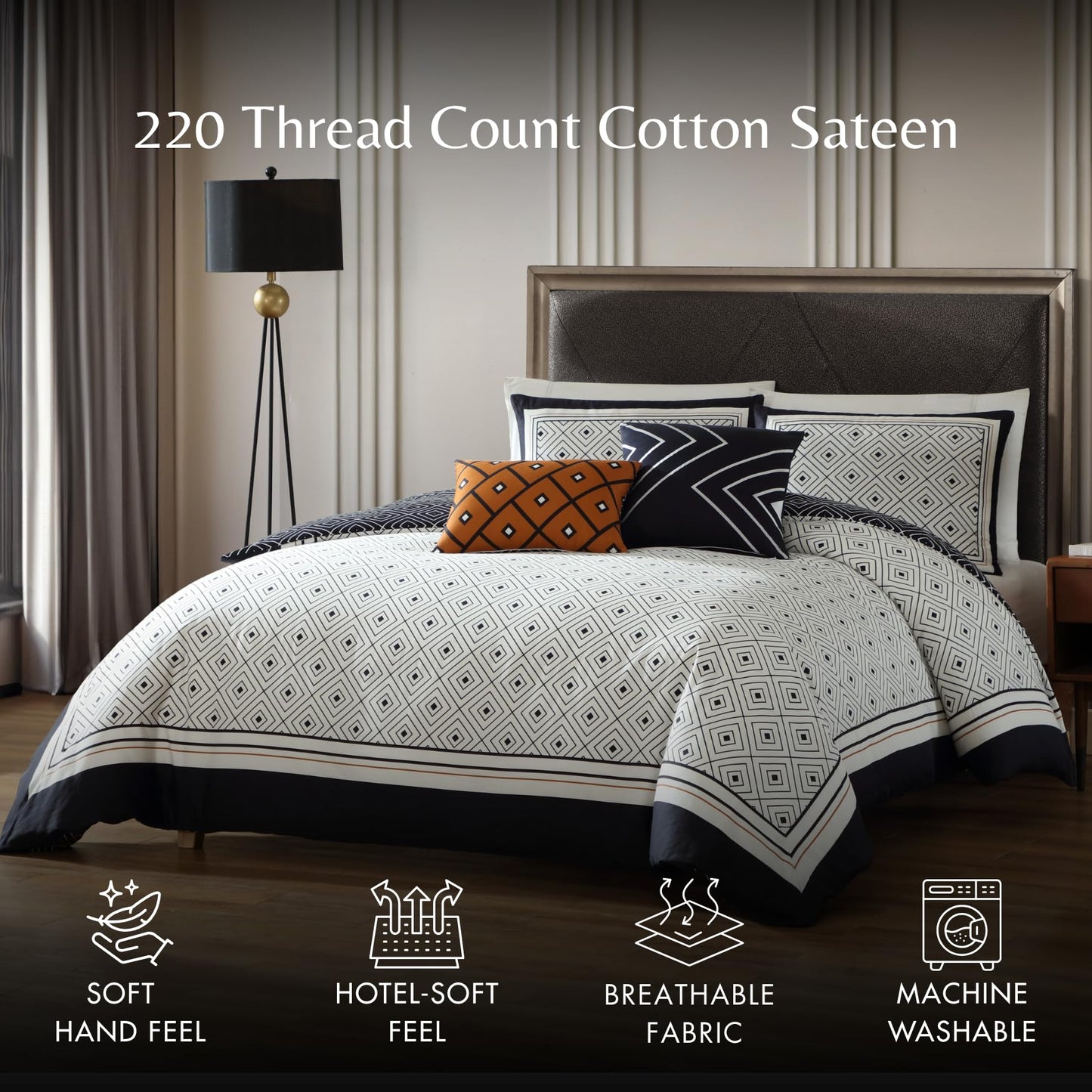 Bebejan Luxury King Size Comforter Set Black & White Geometric - 5 Piece Reversible Bedding Set, 100% Cotton Sateen, Soft & Smooth - All Season King Comforter Set (1 Comforter, 2 Shams & 2 Pillows)