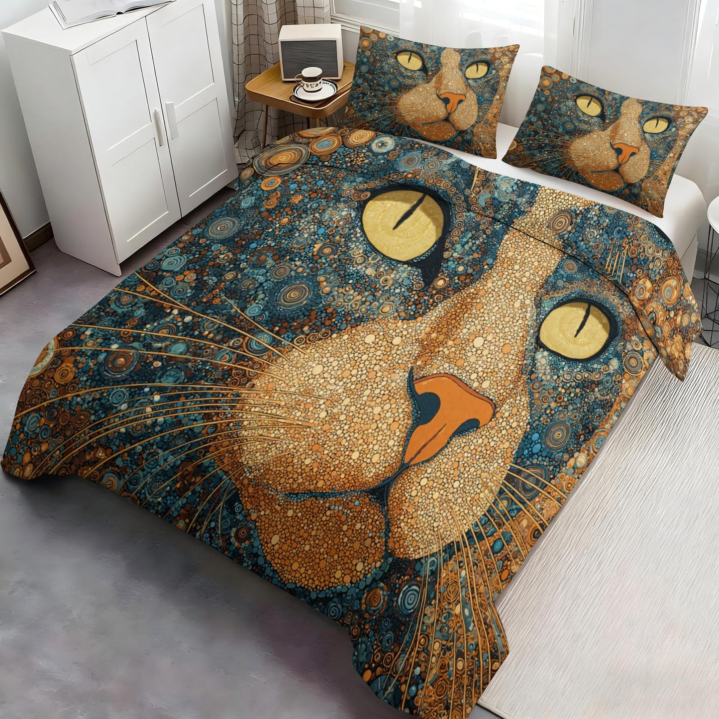 ZAMODE Cat Duvet Cover 90" x 90", Vintage Mid Century Cat Bedding Set, Boho Exotic Kitten Comforter Cover with Zipper Ties