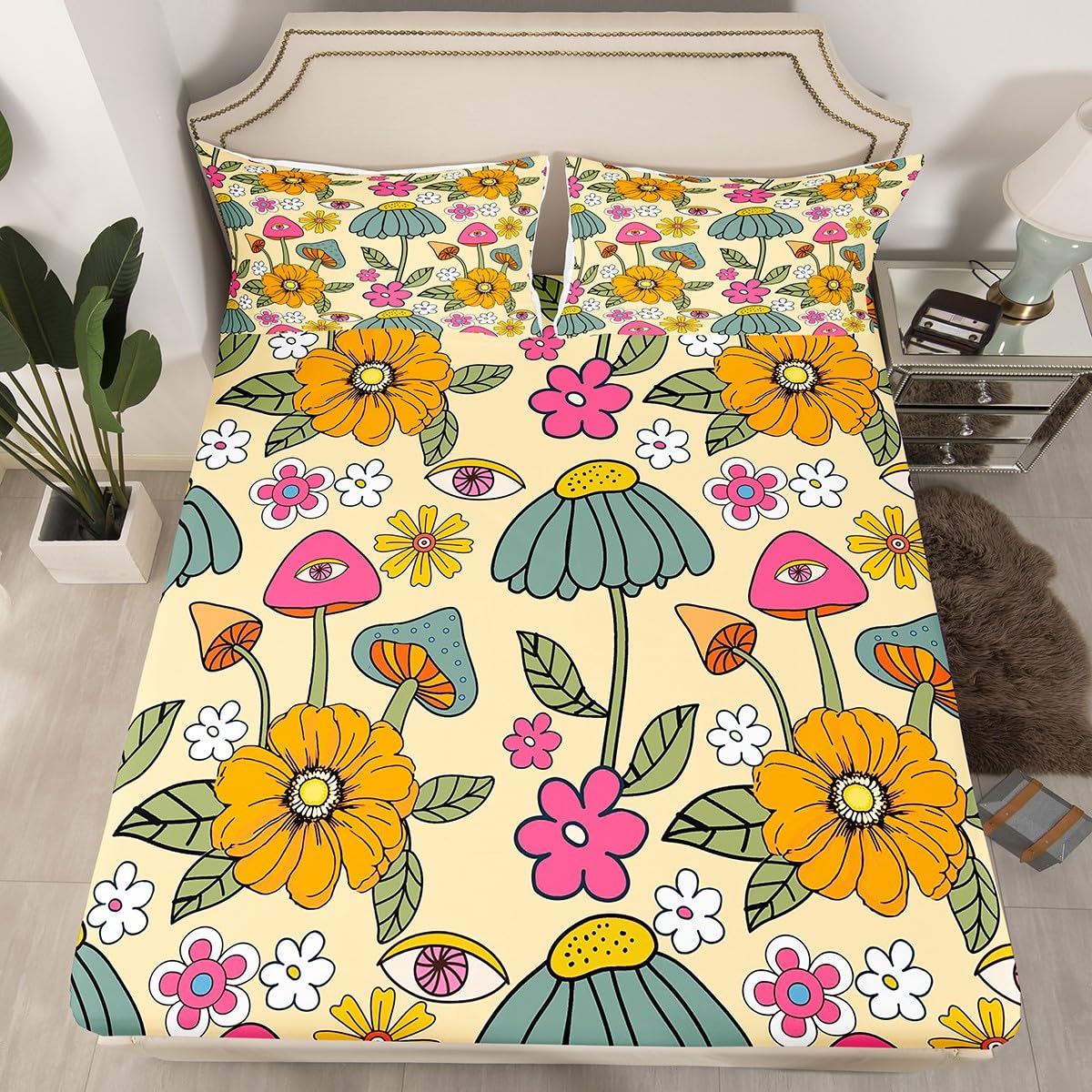 70s Retro Floral Bed Sheet Set Twin Size,Hippie Flowers Leaves Bedding Decor Set with 1 Flat & 1 Fitted Sheet Cartoon Eyes Mushroom with 1 Pillow Sham for Kids Boys Bedroom Decor