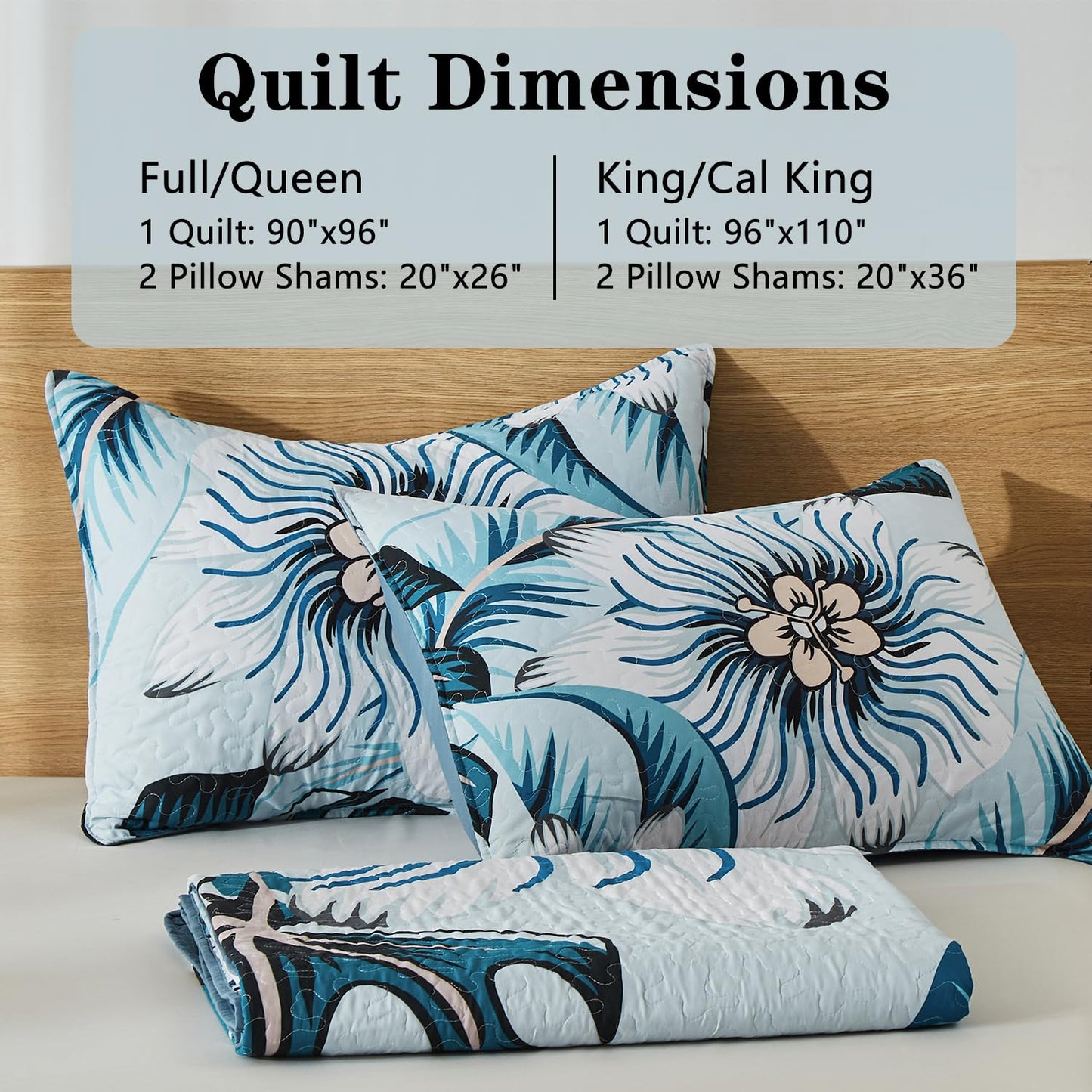 Yogeneg King Quilt Bedding Set,White Green Botanical Pattern Light Blue King/Cal King Quilt Set,3 Piece Lightweight Soft Summer Bedspread Coverlet with 2 PIillow Shams,All Season(Light Blue,110"x96")
