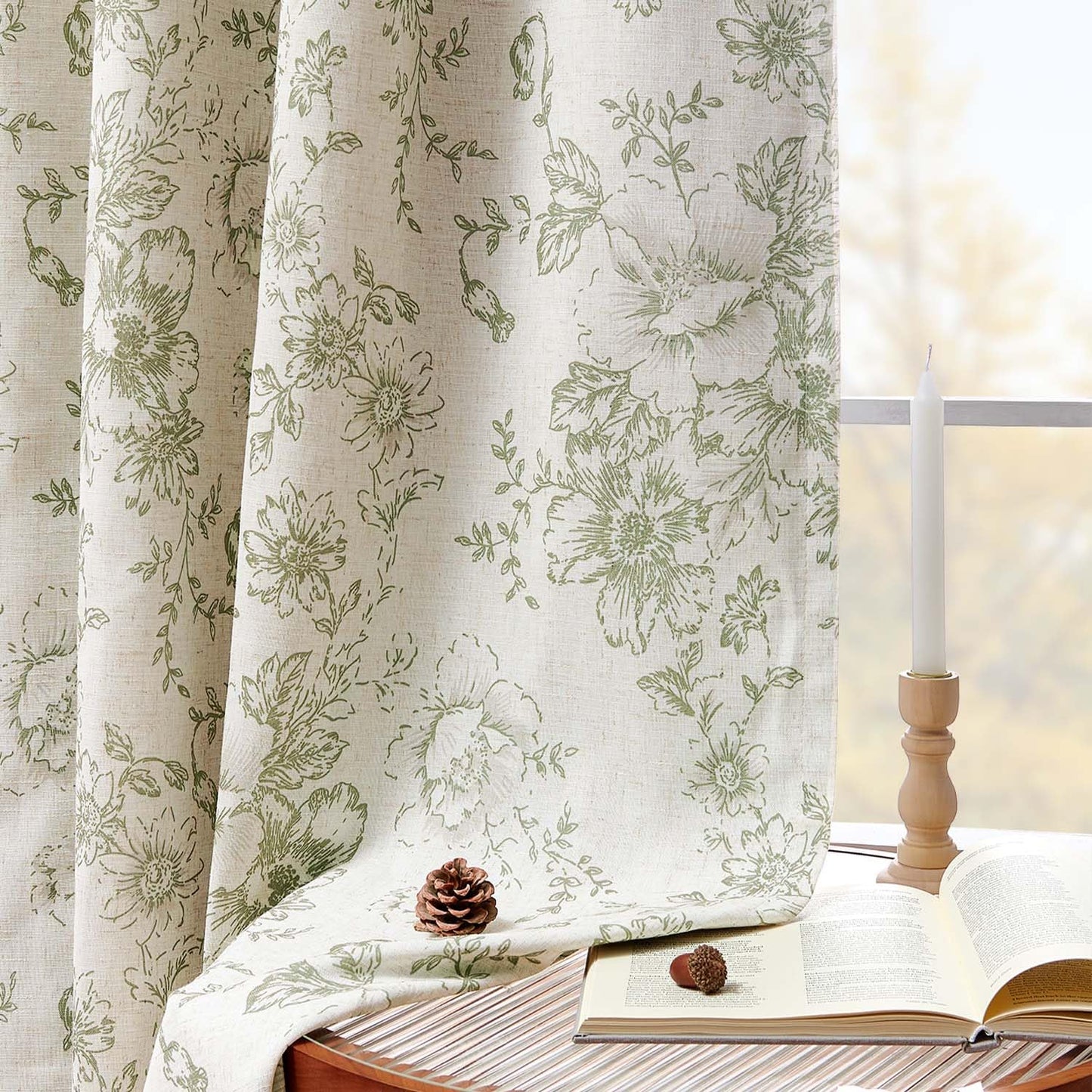 jinchan Blackout Floral Curtains for Living Room Bedroom Linen Blend Curtain Farmhouse Green Printed with Lined Back Tab Rod Pocket Drapes Window Treatments 2 Panels 63 Inch