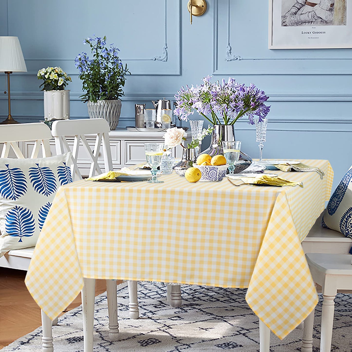 ShinyBeauty Checkered Tablecloth Rectangle 54''x70'' Yellow Buffalo Plaid Tablecloths Gingham Check Table Cloth Cotton Table Linen Waterproof Fabric Table Cloths for Kitchen Dining Picnic