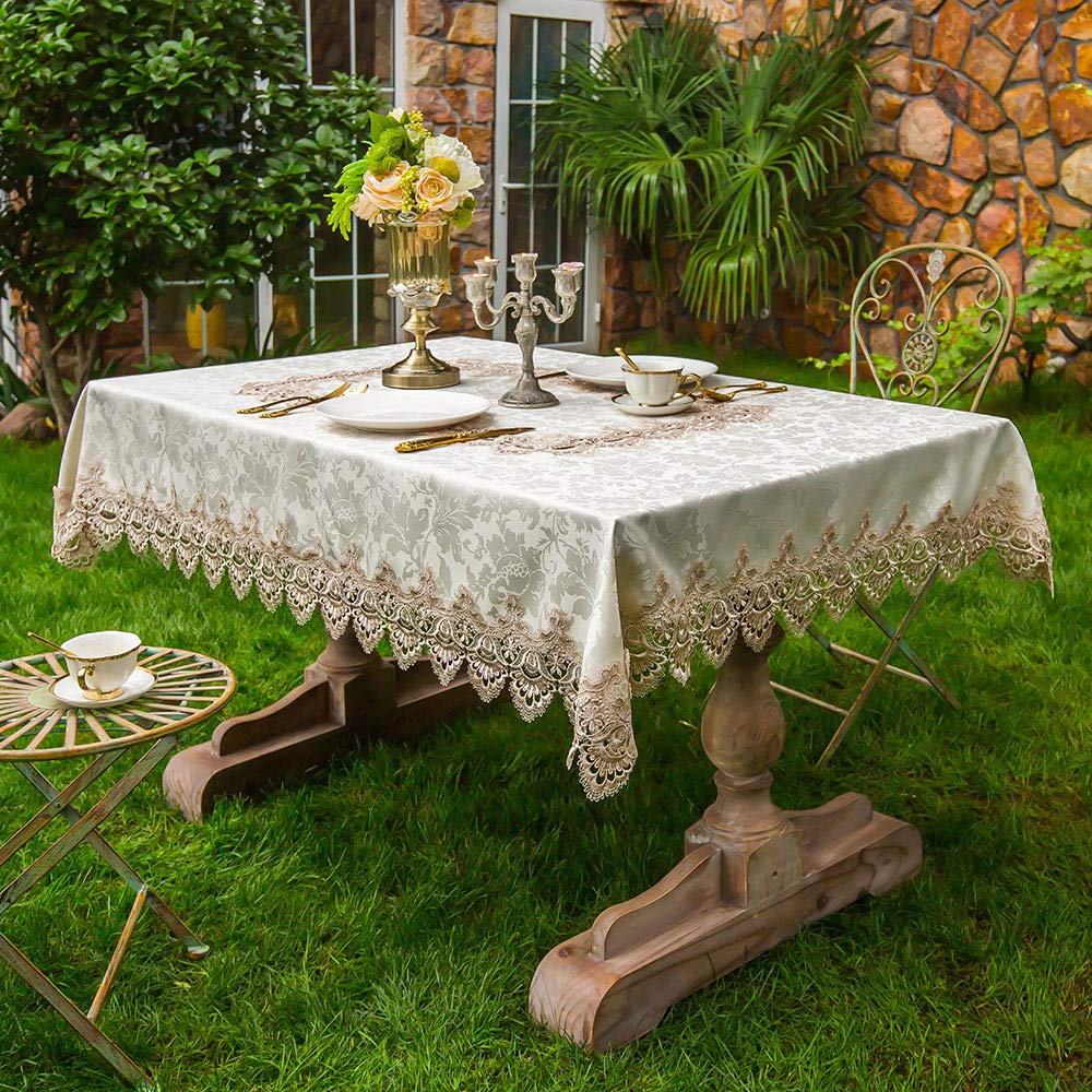 ARTABLE Lace Table Cloth Rectangle Modern Decor Macrame Tablecloth Contemporary Damask Table Linen for Outdoor Farmhouse Rustic Kitchen Party Birthday Picnic (Light Brown, 60 x 140 Inch)