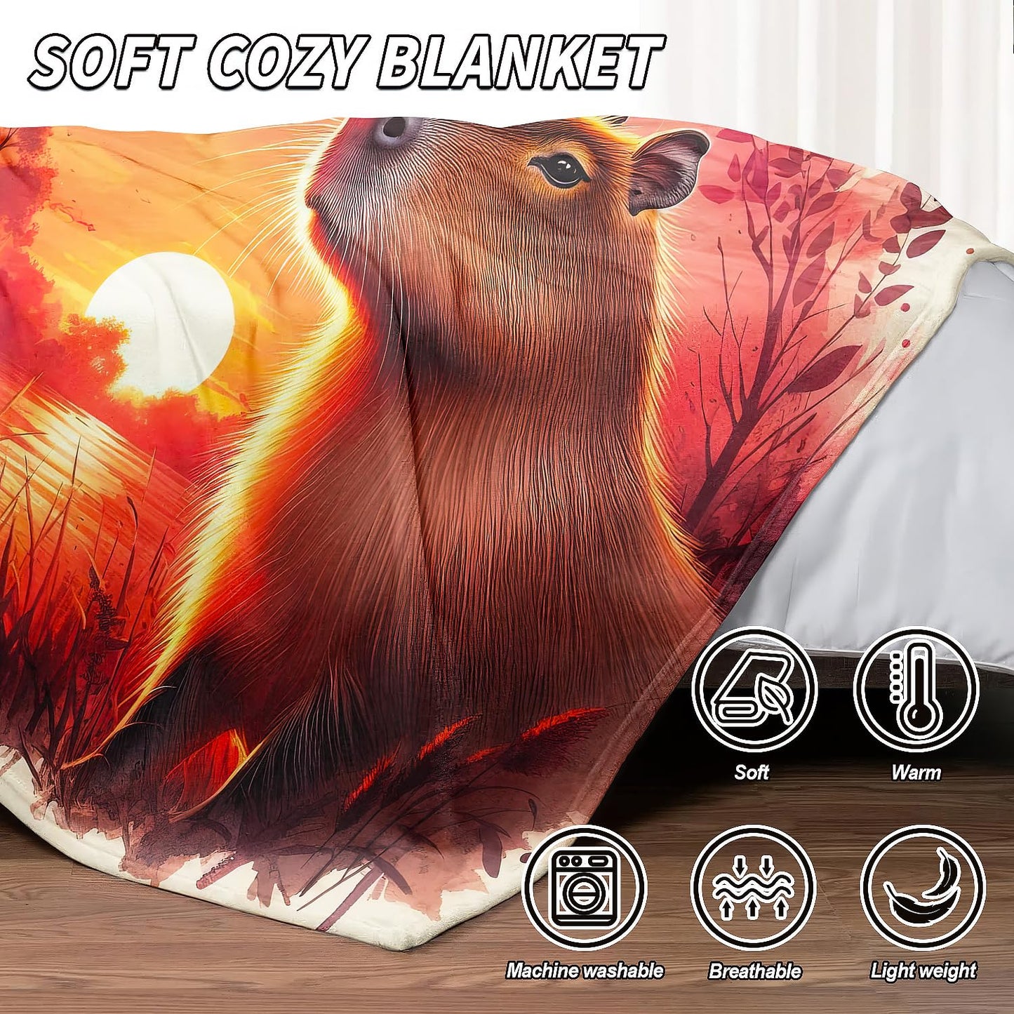 YISUMEI Capybara Gifts Throw Blanket, 50"x60", Sunset Capybara Design Cozy Blanket for Women, Kids and Teens, Ultra Soft Plush Fleece Flannel Blanket for Couch & Bed, Room Decor