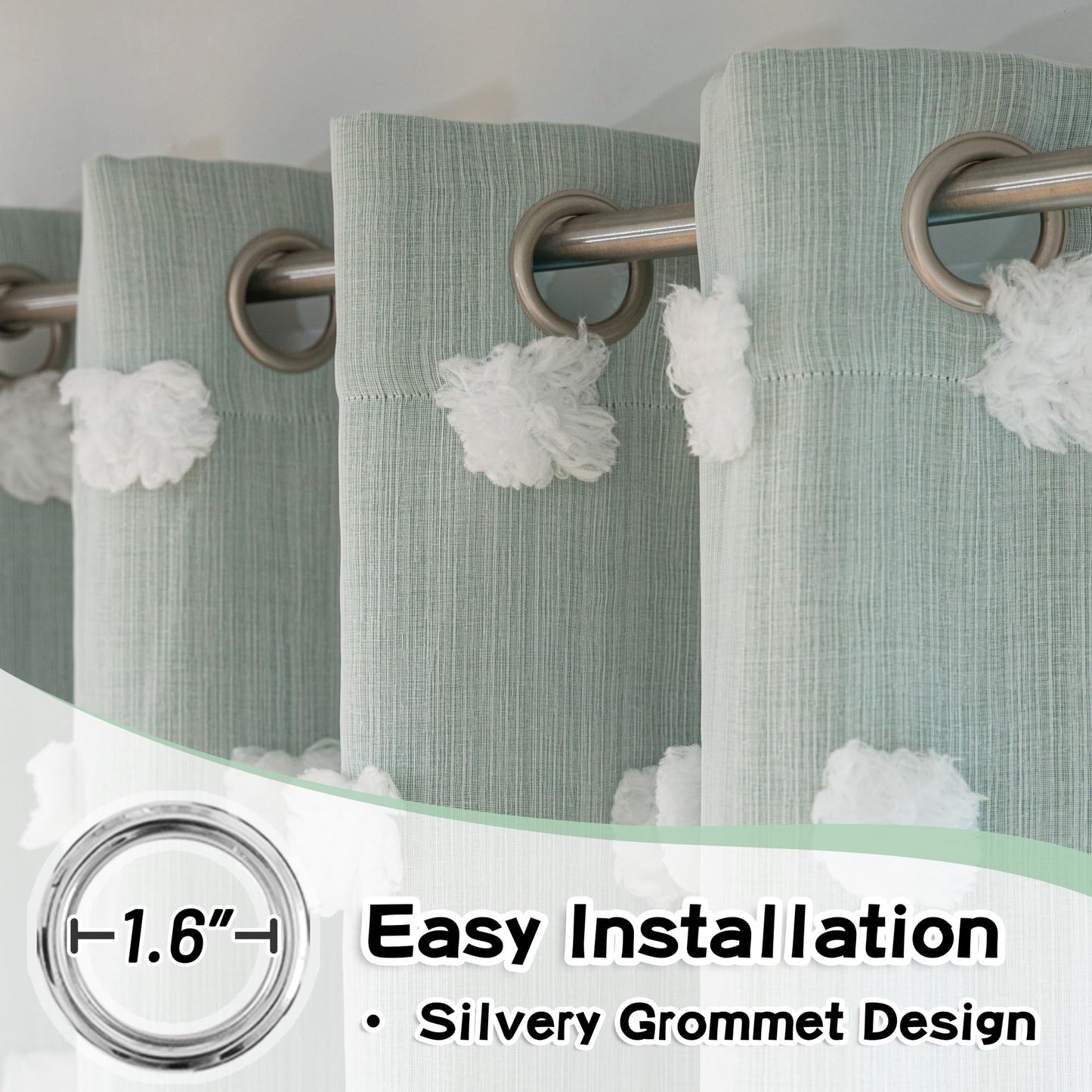 MYSKY HOME Aqua Living Room Curtains Kids Curtains for Boys Bedroom 84 Inches Long Double Layer Curtains for Kids Room Darkening Grommet White Pom Pom Sheer Blackout Curtains 52 x 84 Inch 2 Panels