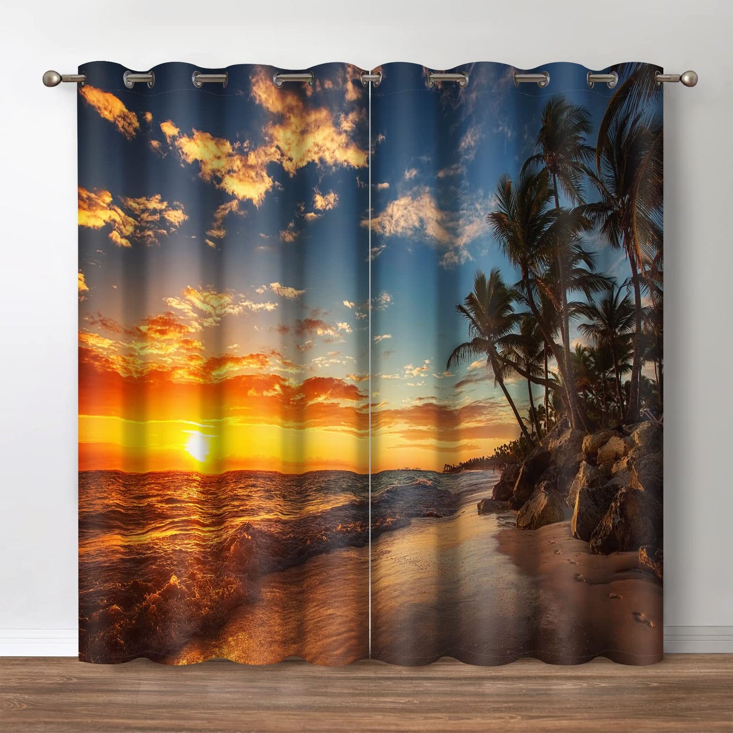 Jekeno Ocean Sunset Blackout Window Curtain - Beach Water Palm Tree Dusk Sky Landscape Blocking Drapes for Bedroom Living Room Nursery Decor Grommet Window Drapes 2 Panels Set 42"x 63"