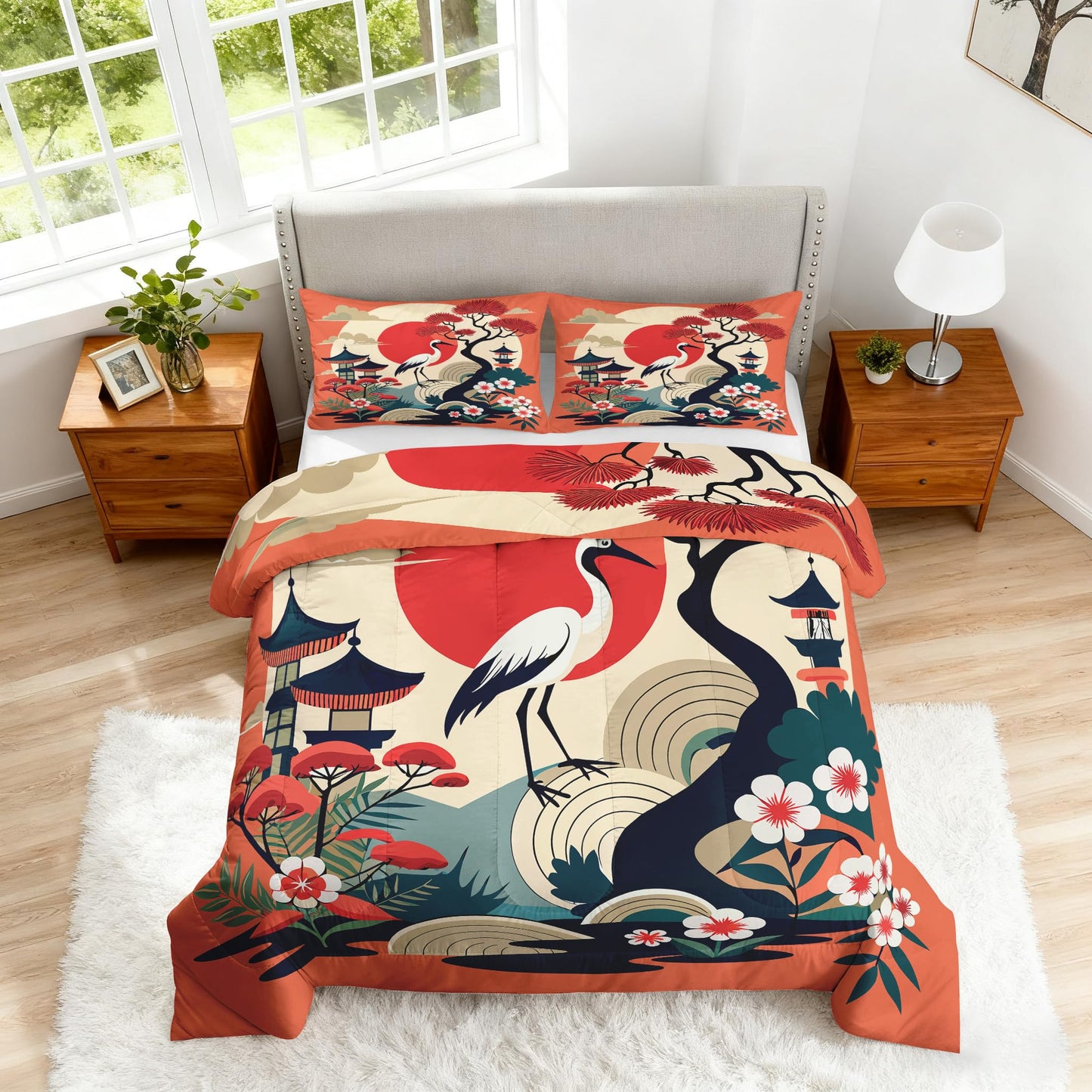 ZDABAOEC Japanese Twin Comforter Set 2 Piece, 1 Pillow Sham, Oriental Asian Chinese Style Reversible Down Alternative All Season Bedding, Soft Microfiber, Japanese Bedroom Decor