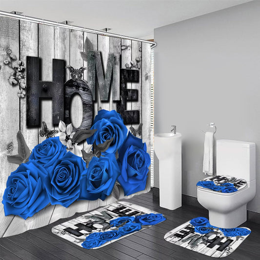 Yddsky Blue Rose Valentines 4 Pcs Shower Curtain Sets Non-Slip Rugs Bath Mat Toilet Cover U Shaped Mat Romantic Blue Bathroom Decor with 12 Hooks Valentines Day Bathroom Set