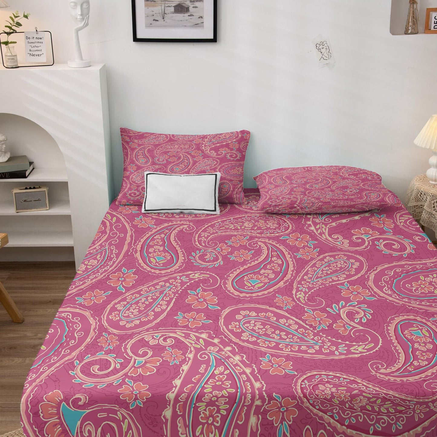 NOGAWA Pink Paisley Sheets Full, Boho Bed Sheets, Bohemian Bedding Sheets, Soft Microfiber Deep Pocket Fitted Sheet & Flat Sheet & 2 Pillowcases