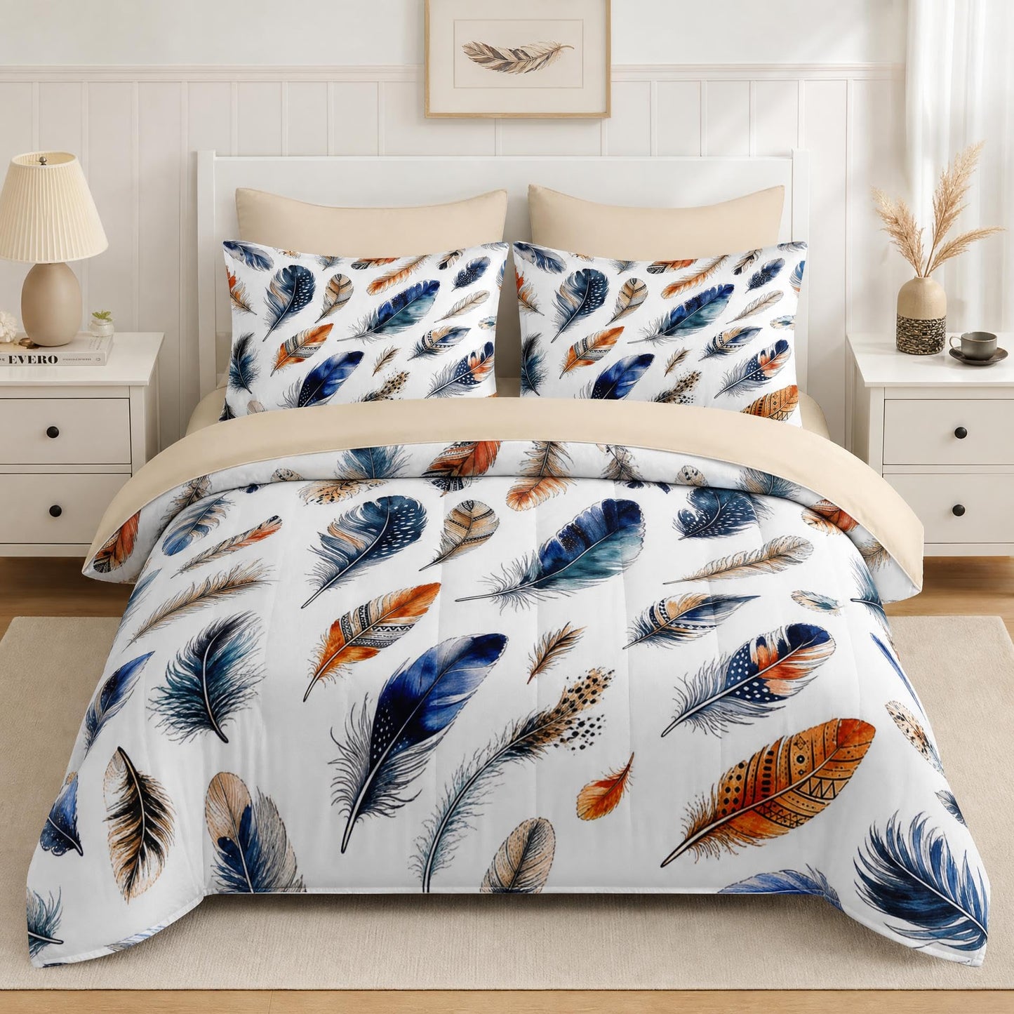 Boewywh Comforter Set Twin Size Feather Boho Western 7 Pcs, Bedding for Kids and Adults, Aztec Blue Bed Sheet Sets with Fitted Sheet 2 Pillowcases & 2 Shams for Bedroom Bed Decor