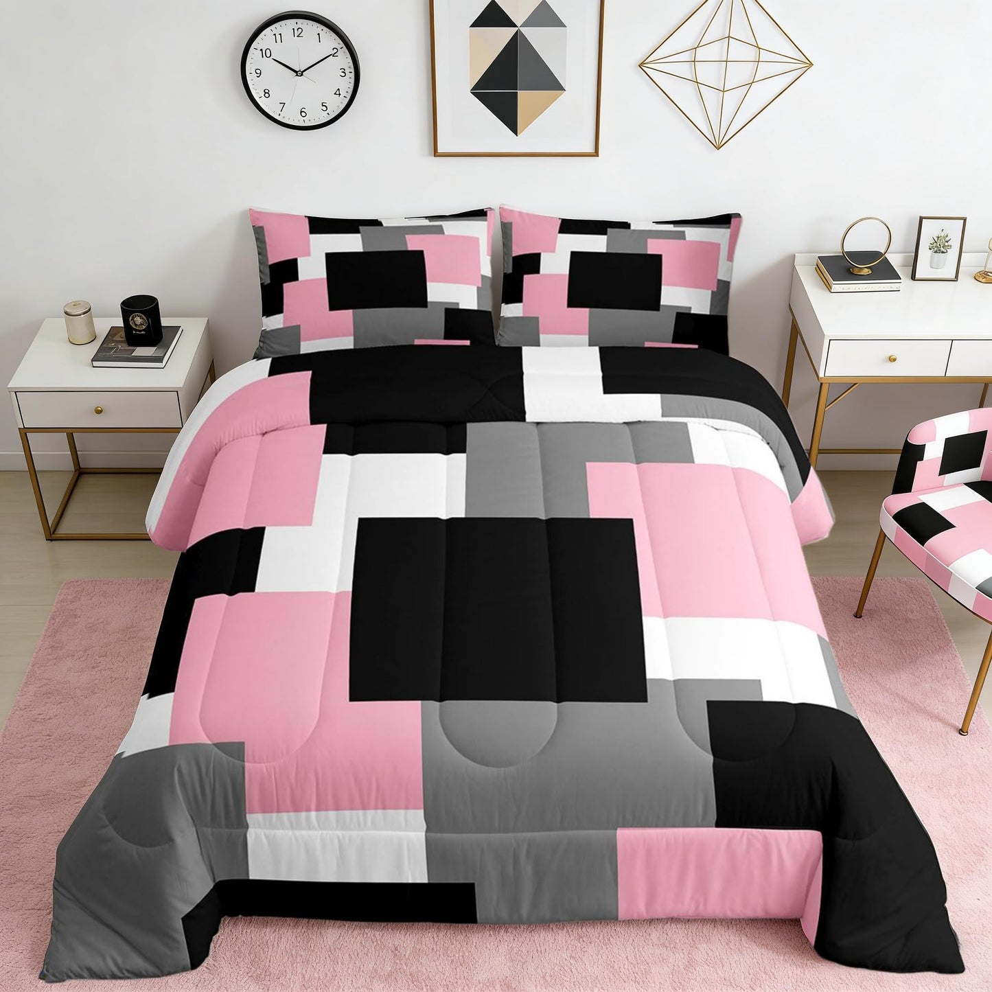 Castle Fairy Modern Abstract Art Kids Comforter Set Queen Size,Pink Grey Black Super Soft Microfiber Bedding Set for Adults Men,Geometric Grid Square Splicing Decorative Comforter Set,3 Pcs