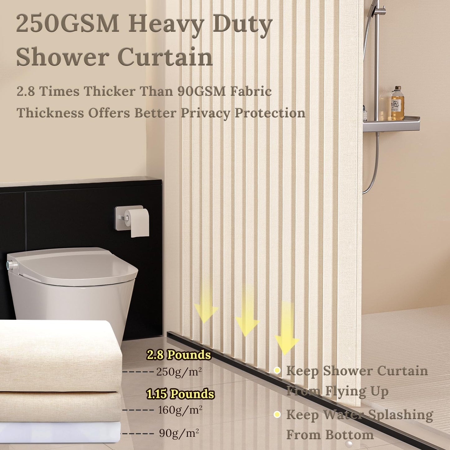 South to East Waterproof Shower Curtain for Bathroom, Folding Fabric Shower Curtain with Magnets, No Liner Required, 72x72 Inch Heavy Duty Thick Magnetic Shower Curtains, Stainless Steel Hooks, Beige