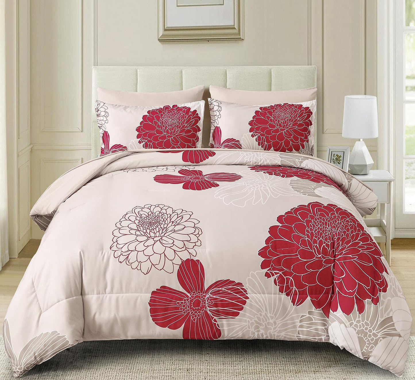 Yiran 7 Pieces Queen Comforter Set Red Floral Bed in a Bag Soft Microfiber Bedding Set 90"×90"(1 Comforter 1 Flat Sheet 1 Fitted Sheet 2 Pillowshams 2 Pillowcases)