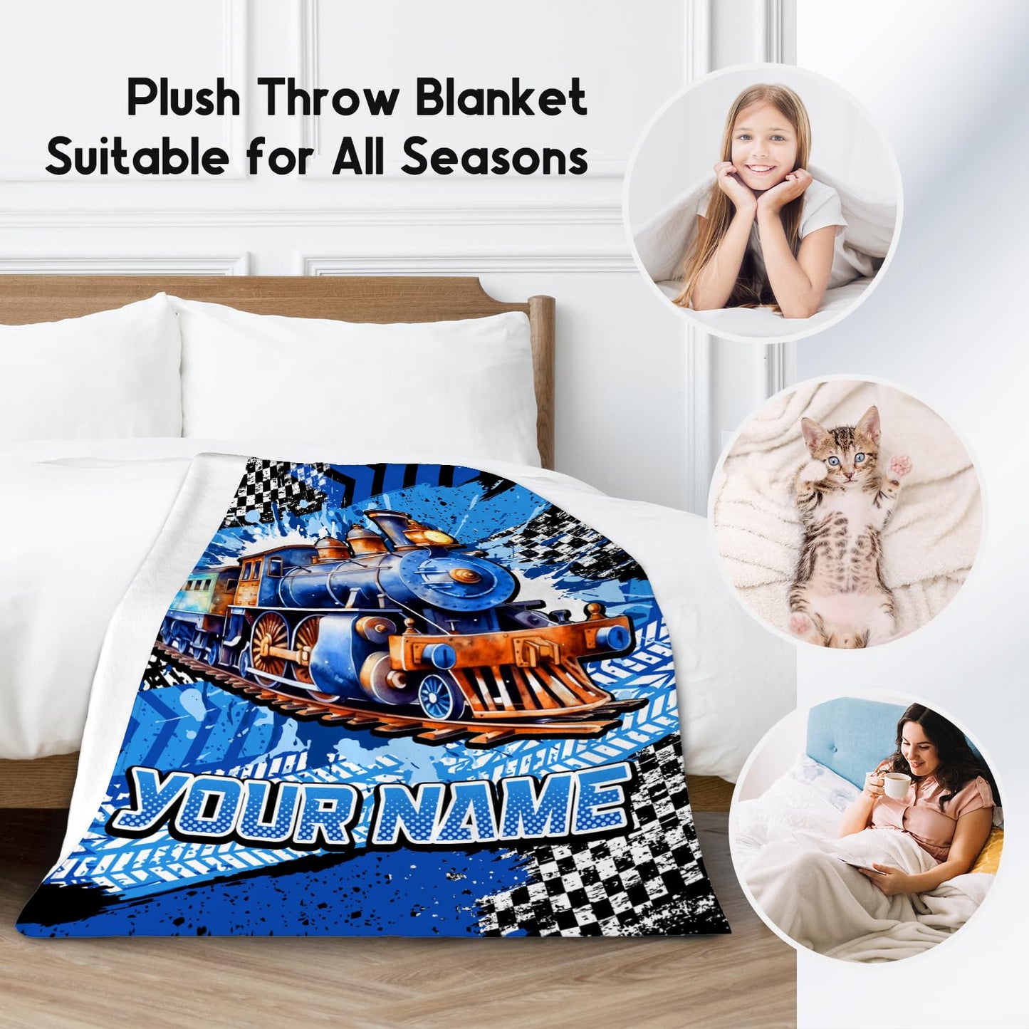 AIOMXZZ Personalized Blanket for Kids, Train Blanket for Boys Toddler, Custom Gifts for Son, Cool Fleece Throws, 4 Size