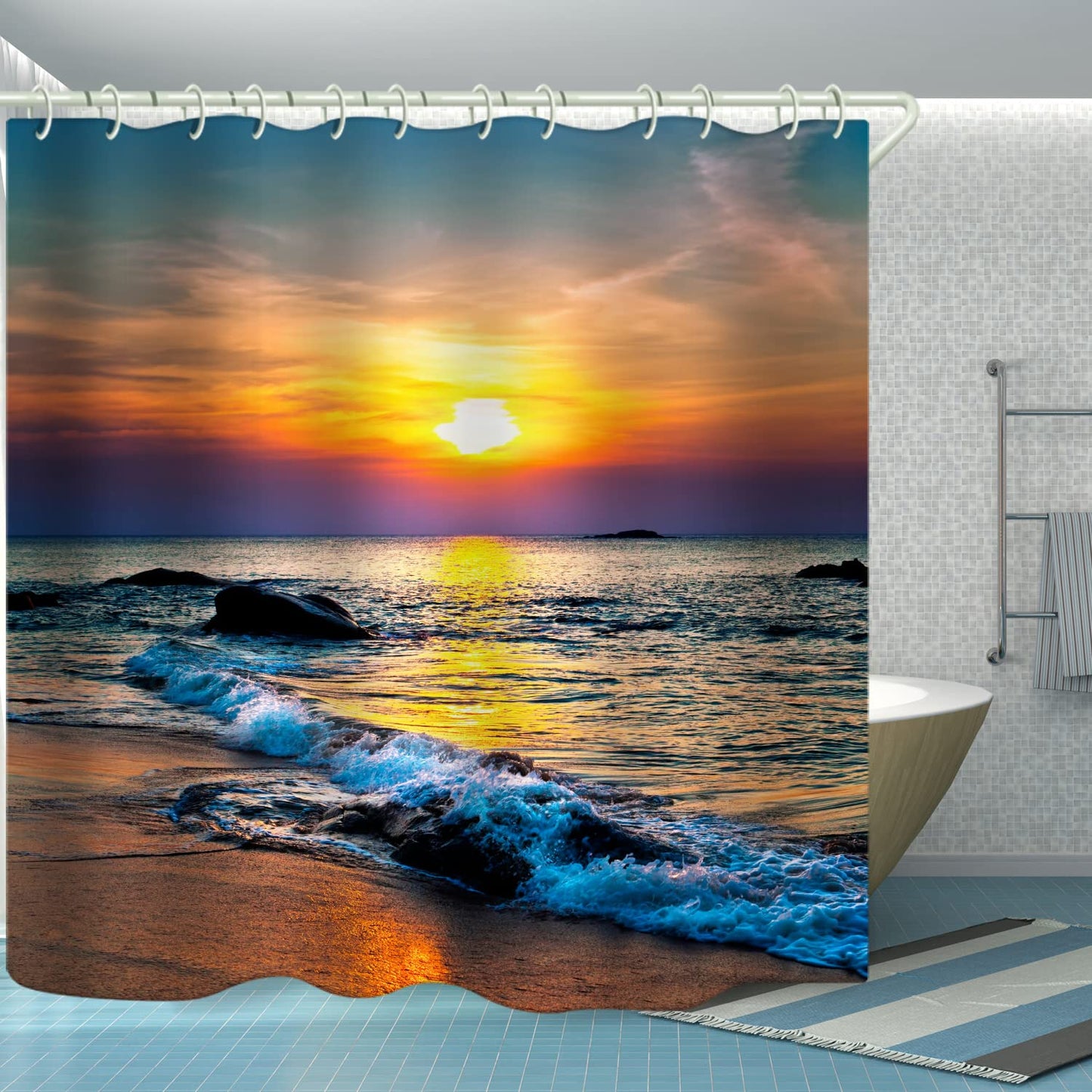LYFANS Bathroom Uses a Sunny Sea Surface 3D Shower Curtains, The Tub Uses a Luxury Standard Shower Curtains, and The Waterproof Washable Fabric Shower Curtain, 72x72 Inches.