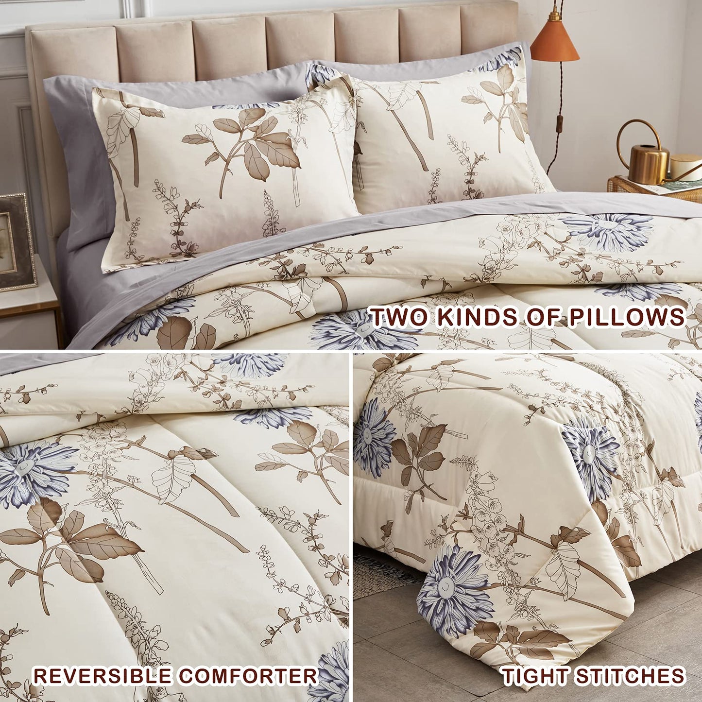 Joyreap 6 Piece Bed in a Bag Twin, Elegant Flower Botanical Smooth Soft Microfiber Floral Comforter Set for All Season (1 Comforter, 2 Pillow Shams, 1 Flat Sheet, 1 Fitted Sheet, 1 Pillowcase)