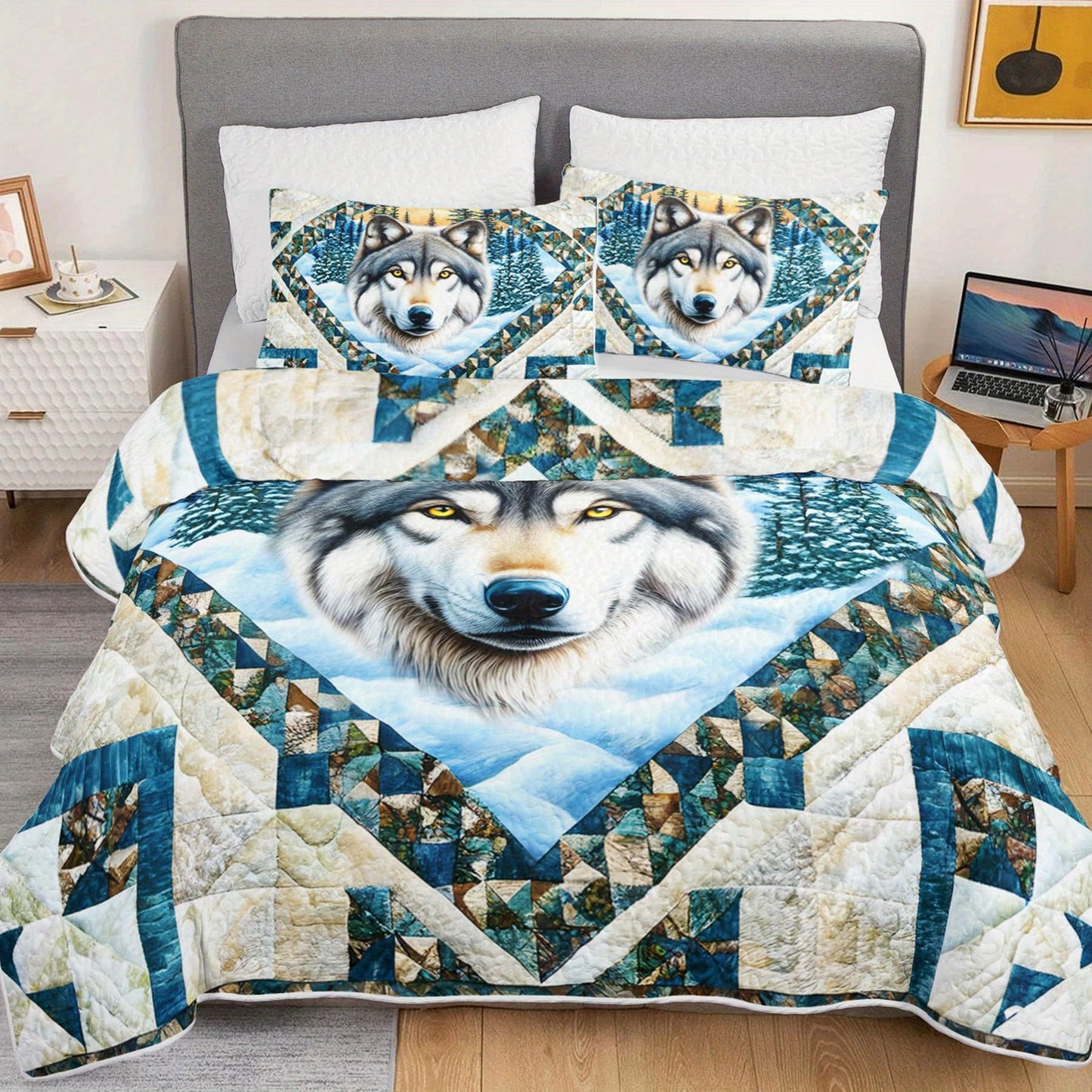 Tuzaovy Wolf Animal Quilt Bedding Set Queen Size for Kid Teen,Wolf Bedspread Sets Bedding Cozy Winter Bedroom Decor,Geometric Animal Print Bed Cover Queen for Boys Girls Bedroom Decor