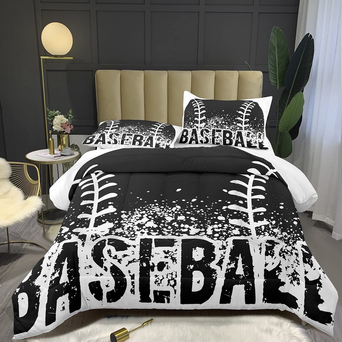 Bodhi Black and White Comforter Set,Sports Bedding Set for Kids,Boys Baseball Bedding Full Size,Kids Comforter Set with Pillowcases,Teen Boys Bedding Set Full Size