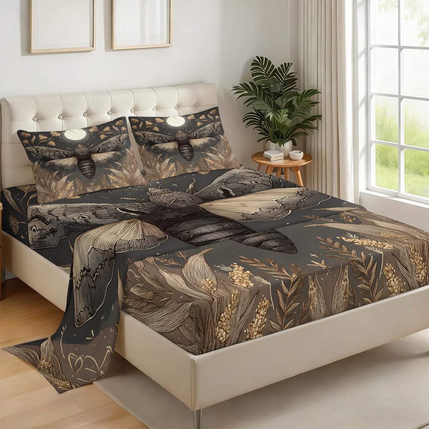 ZAOMIR Vintage Dark Night Moth Sheets King for Men Unisex, Retro Gothic Fantasy Moon Bedding Sheets Set 4 Pcs(Fitted Sheet+Flat Sheet+2 Pillowcases) Starry Sky Plants Botanical Bed Cover Set