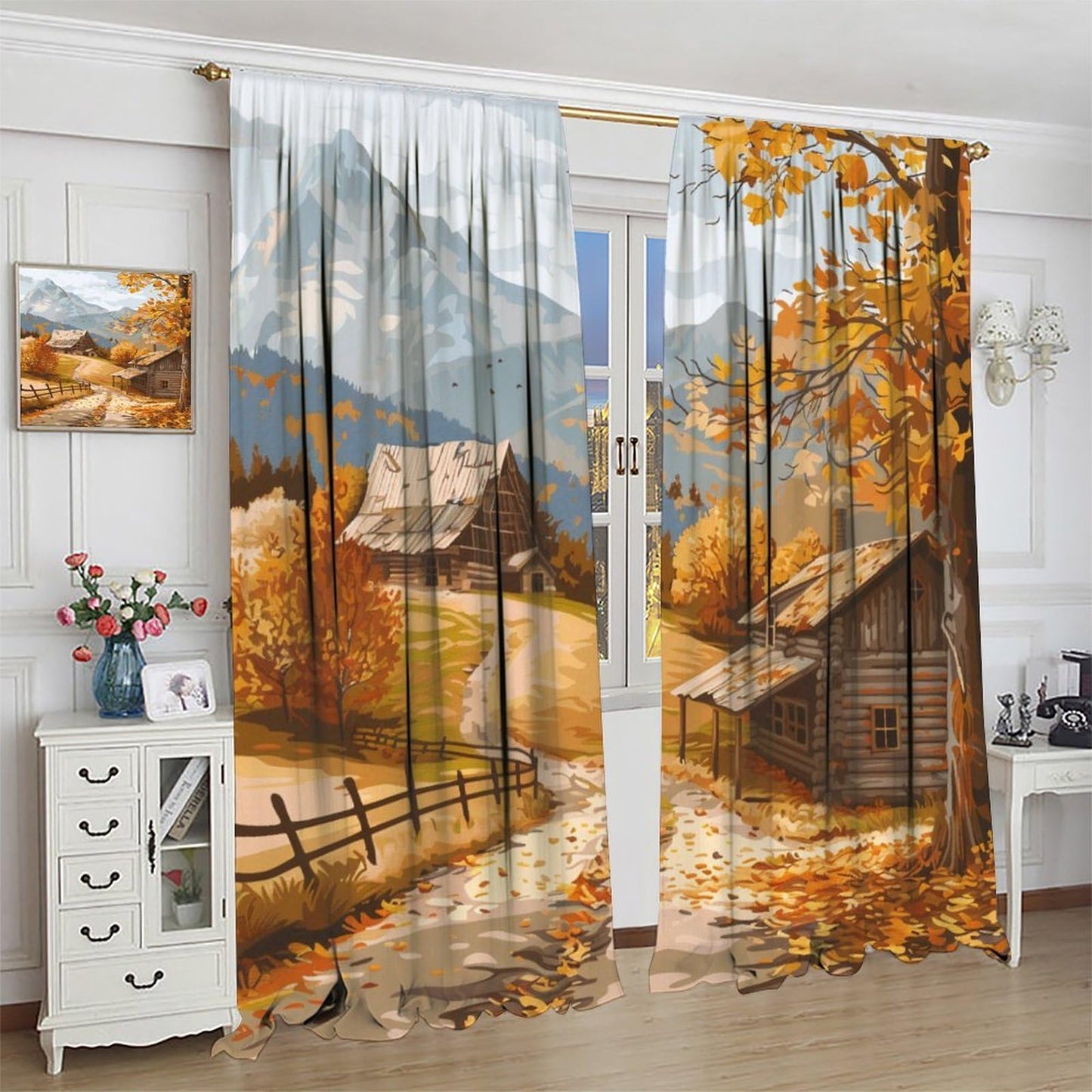 DIPQIMI Lodge Mountain Tree Blackout Curtains for Bedroom/Living Room, Retro Nature Landscape Curtains Rod Pocket Thermal Insulated Window Drapes, 2 Panels/Each 21" W x 45" L