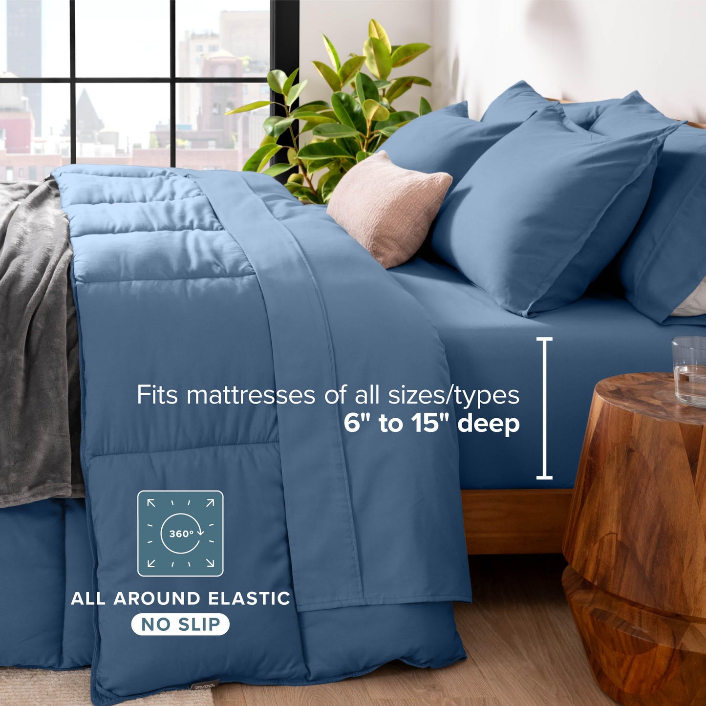 Bare Home Bed-in-A-Bag 7 Piece Comforter & Sheet Set - Queen - Goose Down Alternative - Ultra-Soft 1800 Premium - Bedding Set (Queen, Coronet Blue/Coronet Blue)