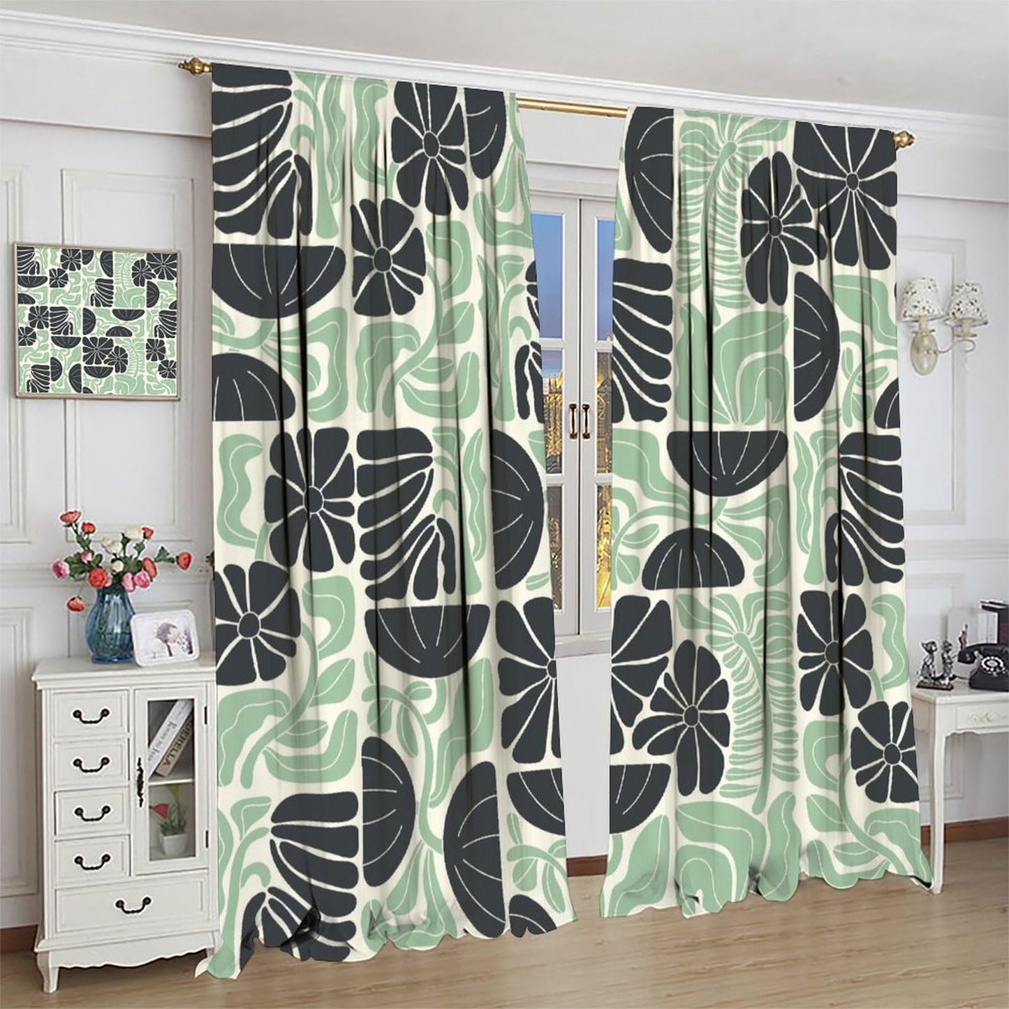 JESTRONRY Mid Century Boho Curtains, Modern Abstract Abstract Geometric Green Floral Pattern Print Blackout Window Door Curtains for Bedroom Living Room Home Decor 42x45in