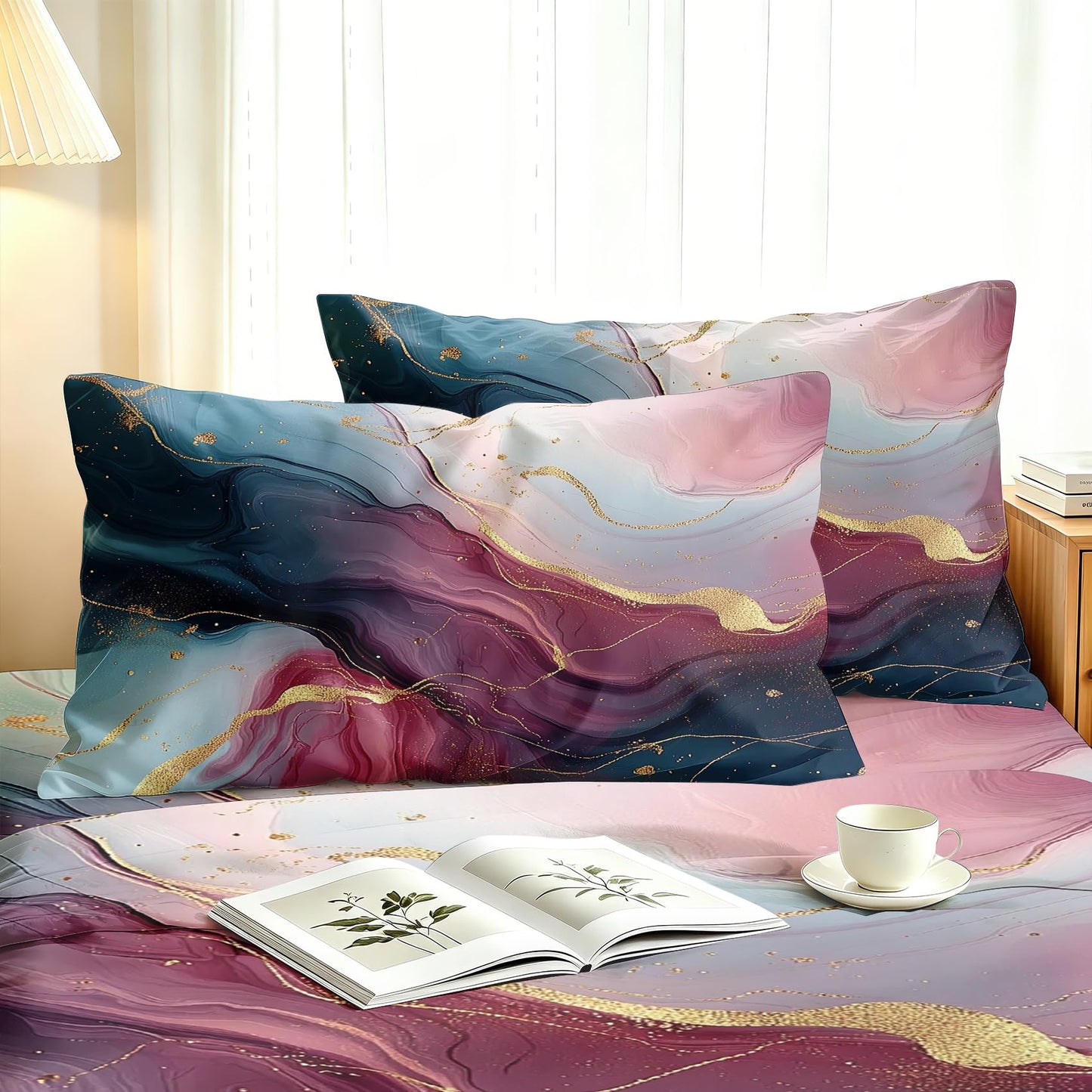 Marble Full Bedding Set Modern Abstract Sheet Sets, Purple Blue Gold