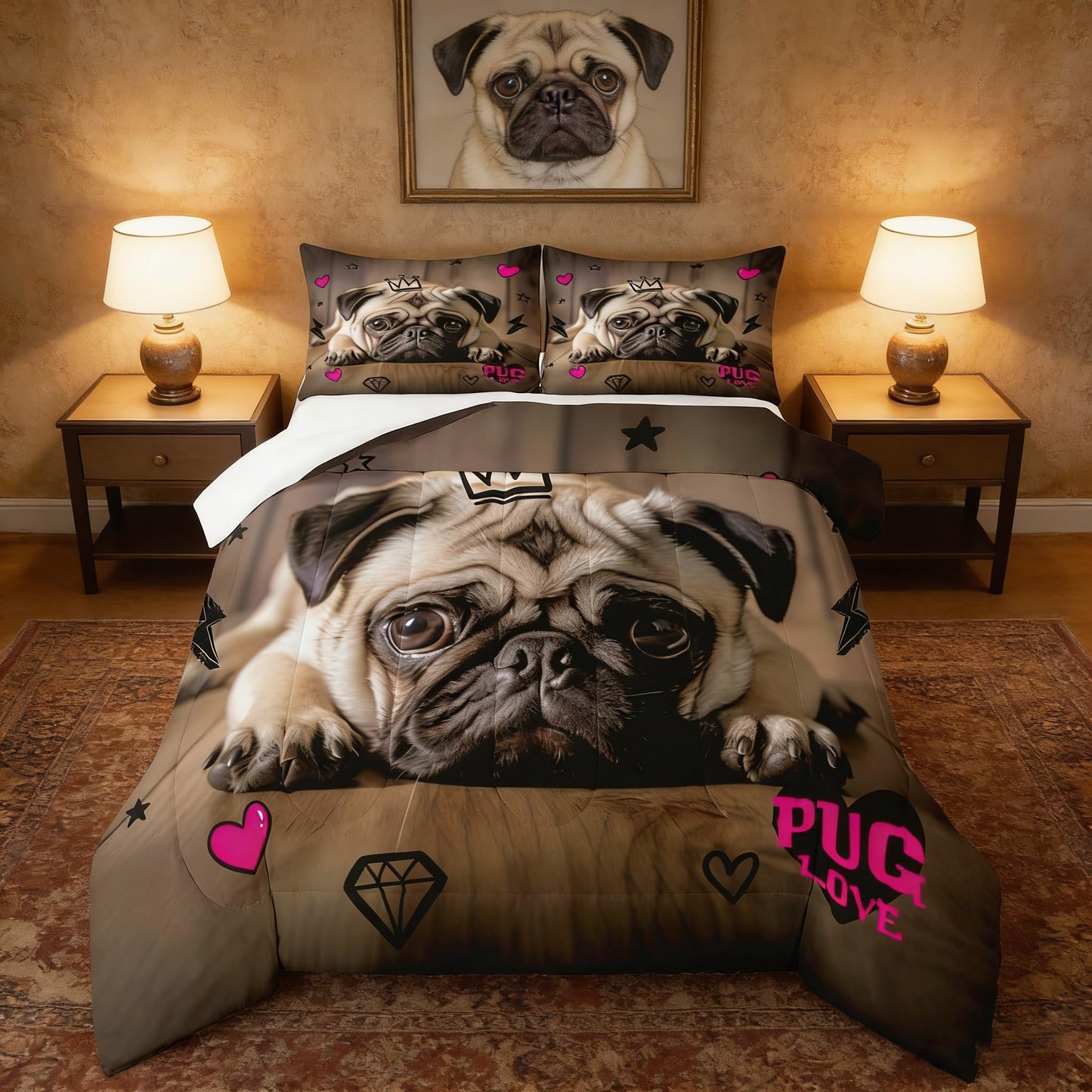 Manfei 3D Pug Comforter Set Twin Size Cute Pug Puppy Dog Bedding Set 2pcs for Kids Boys Girls Room Decor, Animal Theme Quilt Set Pink Hearts Lightning Star Print Duvet Set with 1 Pillowcase
