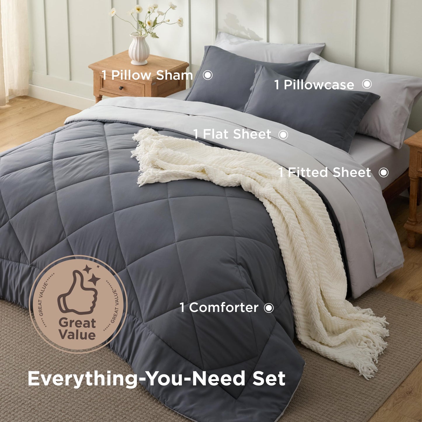 Bedsure Twin XL Comforter - 5 Pieces Reversible Dark Grey Bed in a Bag, Twin XL Bedding Comforter Set College Dorm Essentials with 1 Flat Sheet, 1 Fitted Sheet, 1 Pillowcase and 1 Pillow Sham