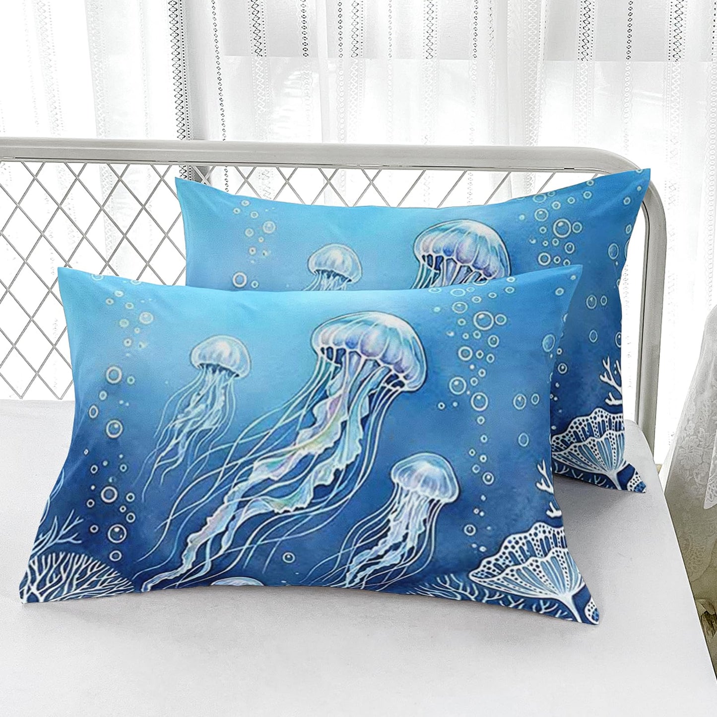 AILONEN Aqua Jellyfish Twin Fitted Sheet Set 3 Piece, White Coral Pattern with 2 Pillowcases, 16 Inch Deep Pocket, Kids Room