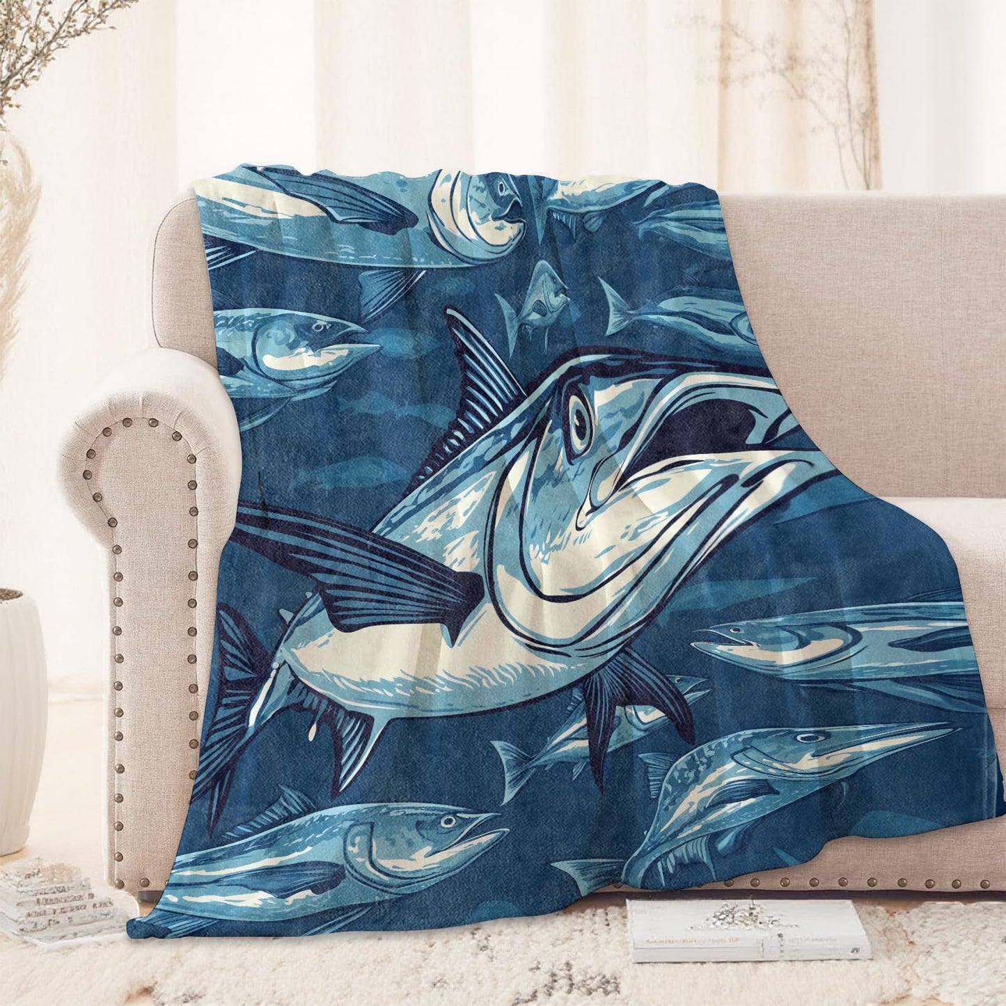 Fishing Tuna Blanket 50X60 in, Flannel Throw Blankets for Travel Camping Sofa Living Room Decor, Lightweight Cozy Soft Fuzzy Gifts for Women Adults Kids