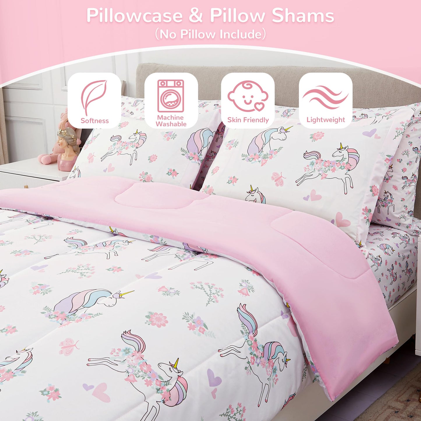 Viviland Kids Twin Bedding Sets for Girls, Soft Twin Comforter Set with Sheets, 5 Pieces Microfiber Bed in a Bag, White Unicorn