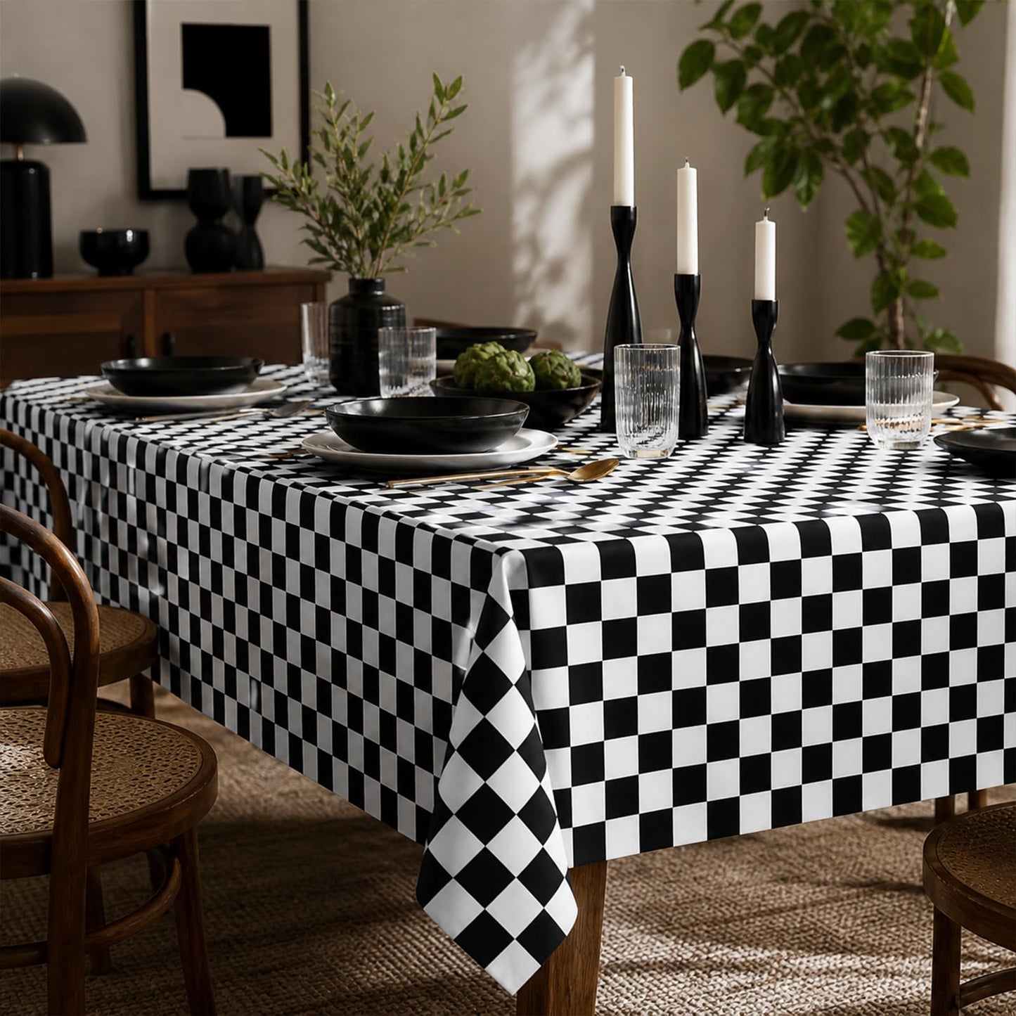 Juynyyn Checkered Tablecloth 60x84 Inch Black and White Checkered Flag Table Cloth for Race Car Decorations, Birthday Party Supplies, Rectangle,Table Cover