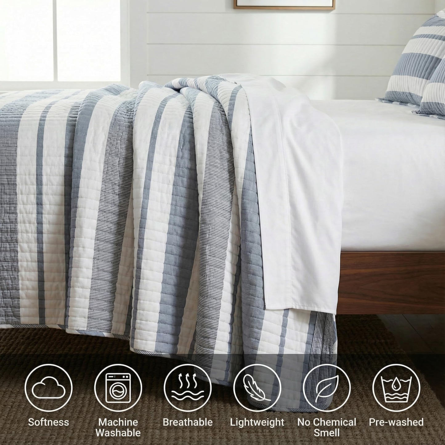 BOV Gray White Striped Quilt Set King Size 100x92 – Coastal Striped Quilt Set, Lightweight Summer Bedspread, Oversized King Quilt with 2 Pillow Shams, Breathable Coverlet Bedding