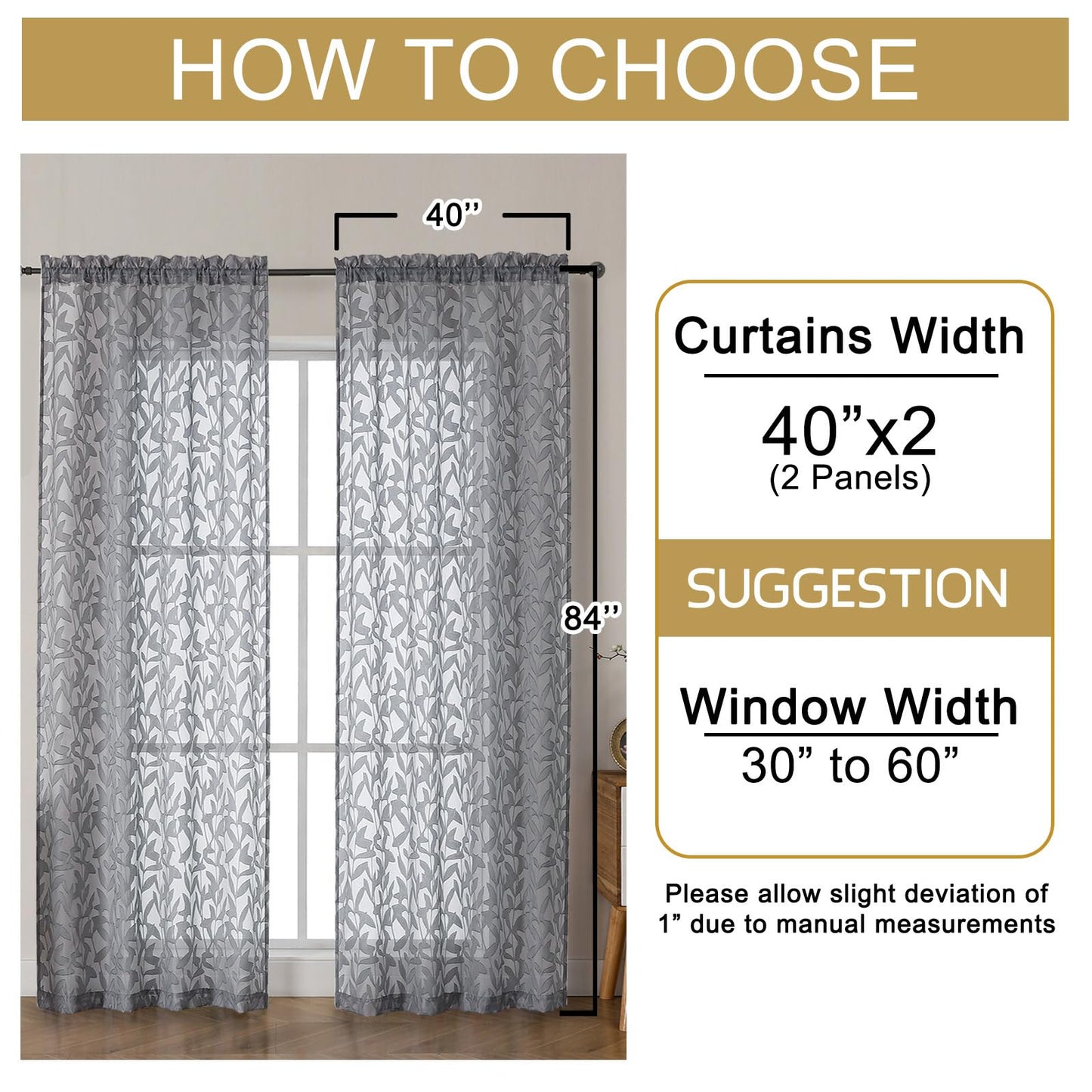 OWENIE Leyna Charcoal Gray Sheer Curtains 84 Inches Long for Living Room Bedroom 2 Panels Set, Modern Clip Jacquard Leaves Textured Light Filtering Curtains, Double Rod Pockets Drapes, 40Wx84L Inch