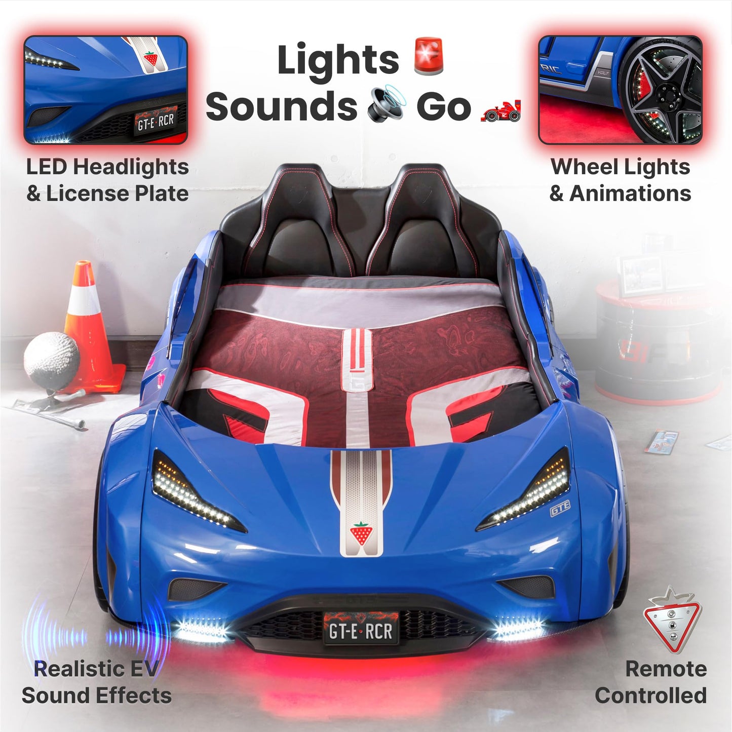 Cilek GTS EV Twin Race Car Bed for Boys with Remote Control, LED Lights & Sounds, Vegan Leather Headboard, Guardrails, Non-Toxic, Fits Twin Mattress, 250 lbs. Capacity, Suitable for ages 3-12, Blue