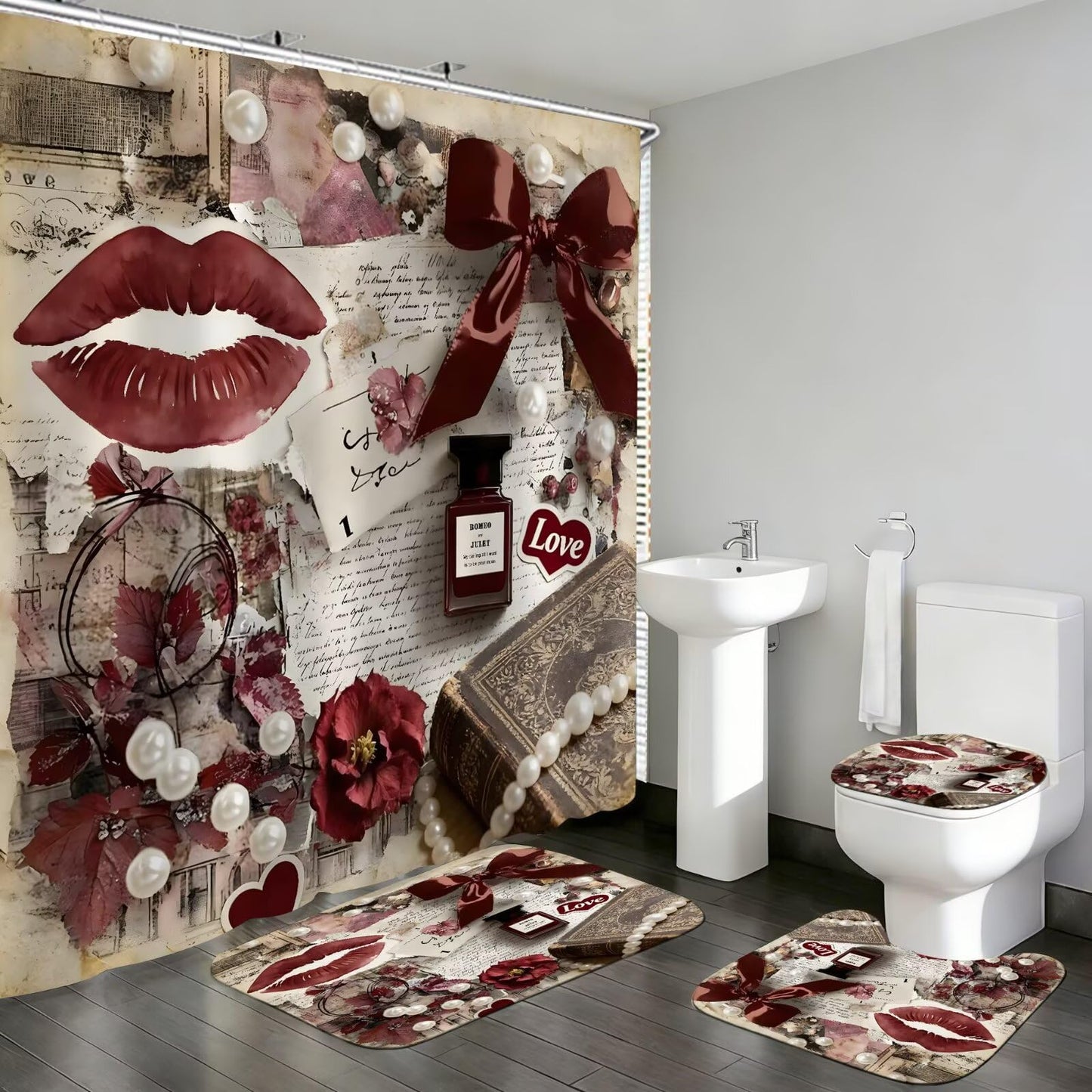 DDQQ 4Pcs Sexy Lip Shower Curtain Set Women Pearl Bow Bathroom Decor Set, Fashion Red Flower Perfume Bathroom Curtains Shower Set with Rugs, Girly Shower Curtain with 12 Hooks