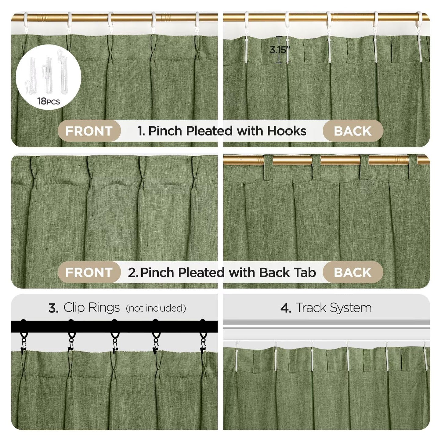 Joydeco Olive Green Pinch Pleated Linen Curtains 84 Inch Long 2 Panel Set for Living Room, Semi Sheer Curtain for Bedroom, Back Tab Light Filtering Drapes with Adjustable Hooks (40”W x84”L)
