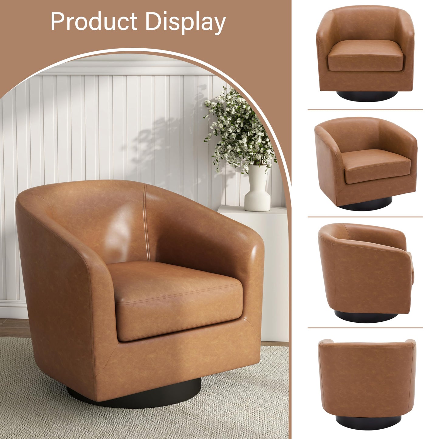 Pia Ricco Swivel Accent Chairs Set of 2, Faux Leather 360° Swivel Round Barrel Chair, Comfy Upholstered Fabric Single Sofa Club Armchair for Living Room/Reading Room, Brown